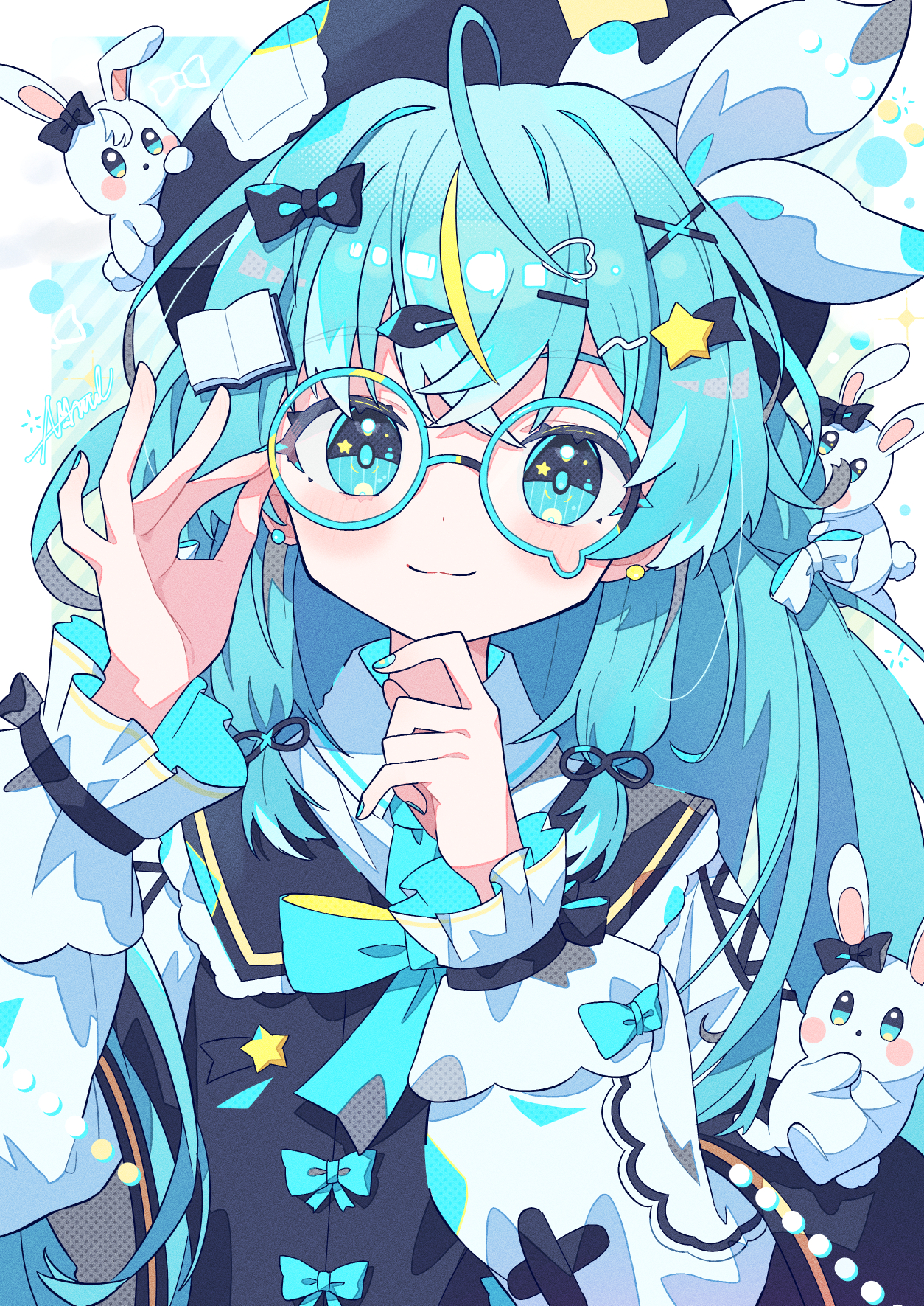 aramedraw, original, commentary, highres, 1girl, black jacket, blonde streaks, blue bow, blue bowtie, blue eyes, blue hair, blush, bow, bowtie, closed mouth, collared shirt, frilled sleeves, frills, hair ornament, hands up, jacket, long hair, long sleeves, looking at viewer, multicolored hair, rabbit, shirt, signature, smile, solo, star (symbol), star hair ornament, streaked hair, teardrop-framed glasses, upper body, white shirt
