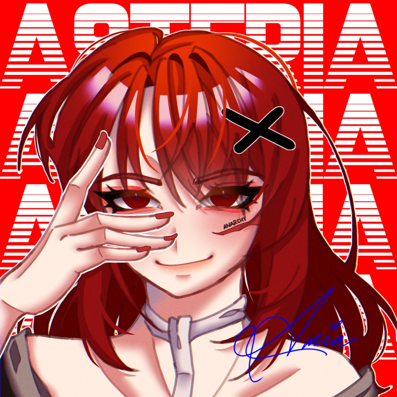 commentary, english commentary, highres, variant set, 1girl, anarchy (asteria), artist name (singer), asteria (musician), bare shoulders, body writing, choppy bangs, closed mouth, eyeliner, hair between eyes, hair ornament, hand on own face, hand up, long hair, looking at viewer, makeup, nail polish, portrait, red background, red eyeliner, red eyes, red hair, red nails, scar, scar on face, signature, smile, solo, straight-on, x hair ornament, xiaovnne