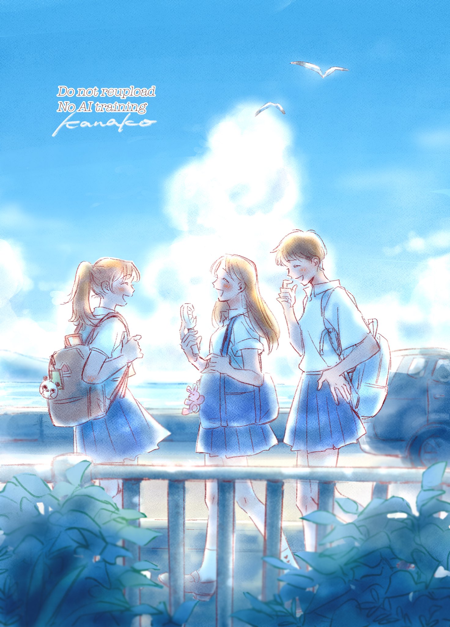 original, commentary request, highres, 3girls, ^ ^, animal charm, artist name, backpack, bag, bag charm, blue skirt, blue sky, blush, brown hair, charm (object), closed eyes, cloud, collared shirt, day, electric fan, hana no na, hand fan, hand on own hip, hand up, handheld electric fan, happy, holding, holding fan, long hair, multiple girls, open mouth, outdoors, pleated skirt, ponytail, school uniform, shirt, shirt tucked in, short hair, short sleeves, simple bird, skirt, sky, slice of life, smile, very short hair, walking, white shirt, wing collar