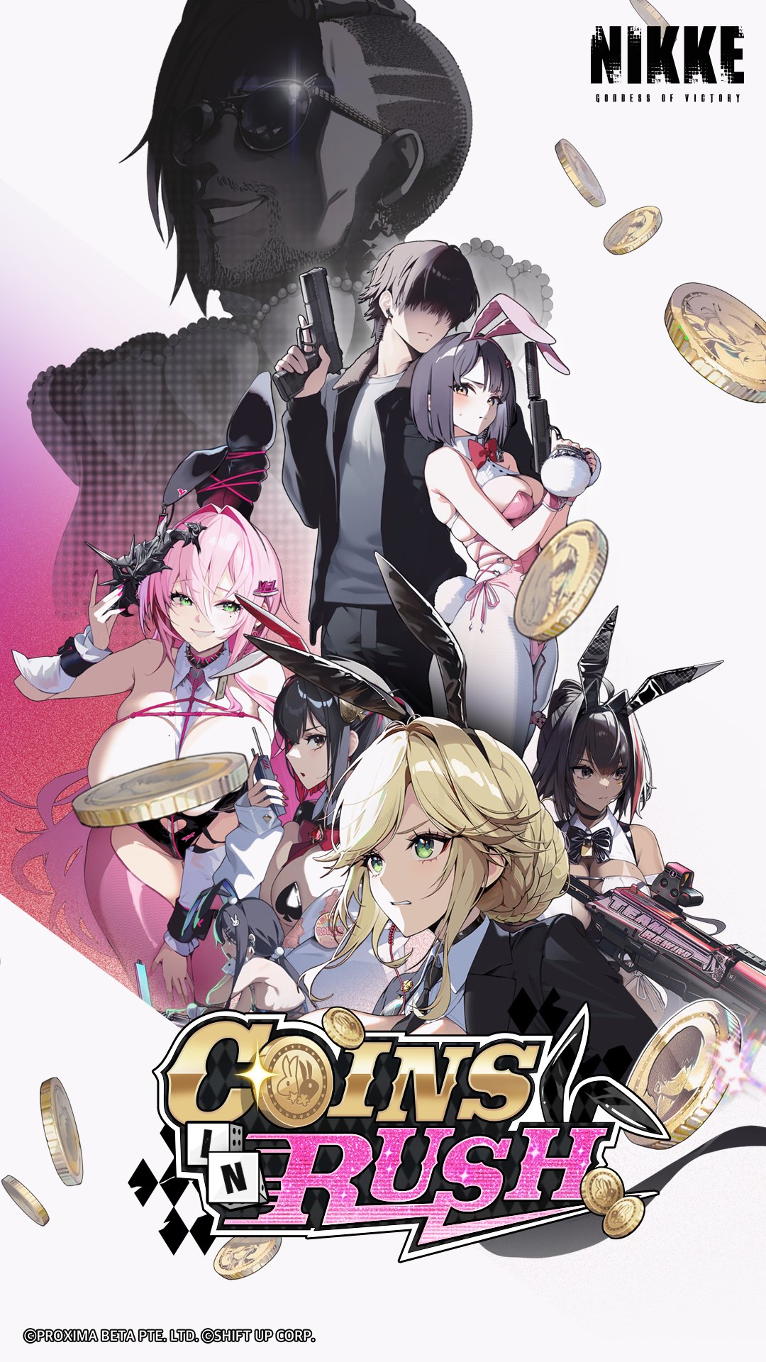 ade (agent bunny) (nikke), ade (nikke), bay (nikke), bay (radiant rabbit) (nikke), commander (nikke), exia (hacker rabbit) (nikke), exia (nikke), milk (blooming bunny) (nikke), milk (nikke), mustang (nikke), rouge (nikke), goddess of victory: nikke, character request, commentary, english commentary, highres, official art, 2boys, 6+girls, bare shoulders, black hair, blush, breasts, bun with braided base, cleavage, coin, colored inner hair, dark-skinned female, dark skin, english text, gun, hair bun, handgun, heart pasties, holding, holding gun, holding weapon, large breasts, long hair, medium breasts, multicolored hair, multiple boys, multiple girls, official alternate costume, open mouth, pasties, ponytail, rouge (unlucky rabbit) (nikke), short hair, single hair bun, smile, weapon, yellow eyes