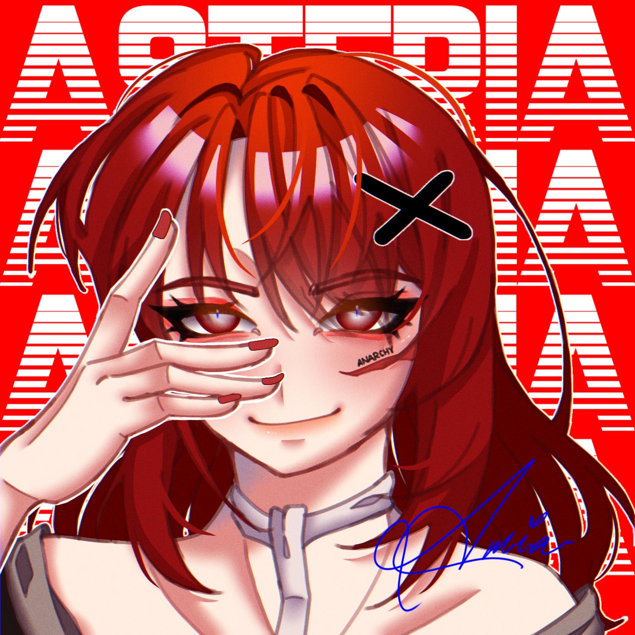 commentary, english commentary, highres, variant set, 1girl, anarchy (asteria), artist name (singer), asteria (musician), bare shoulders, body writing, bright pupils, choppy bangs, closed mouth, eyeliner, hair between eyes, hair ornament, hand on own face, hand up, long hair, looking at viewer, makeup, nail polish, portrait, red background, red eyeliner, red eyes, red hair, red nails, scar, scar on face, signature, smile, solo, straight-on, white pupils, x hair ornament, xiaovnne