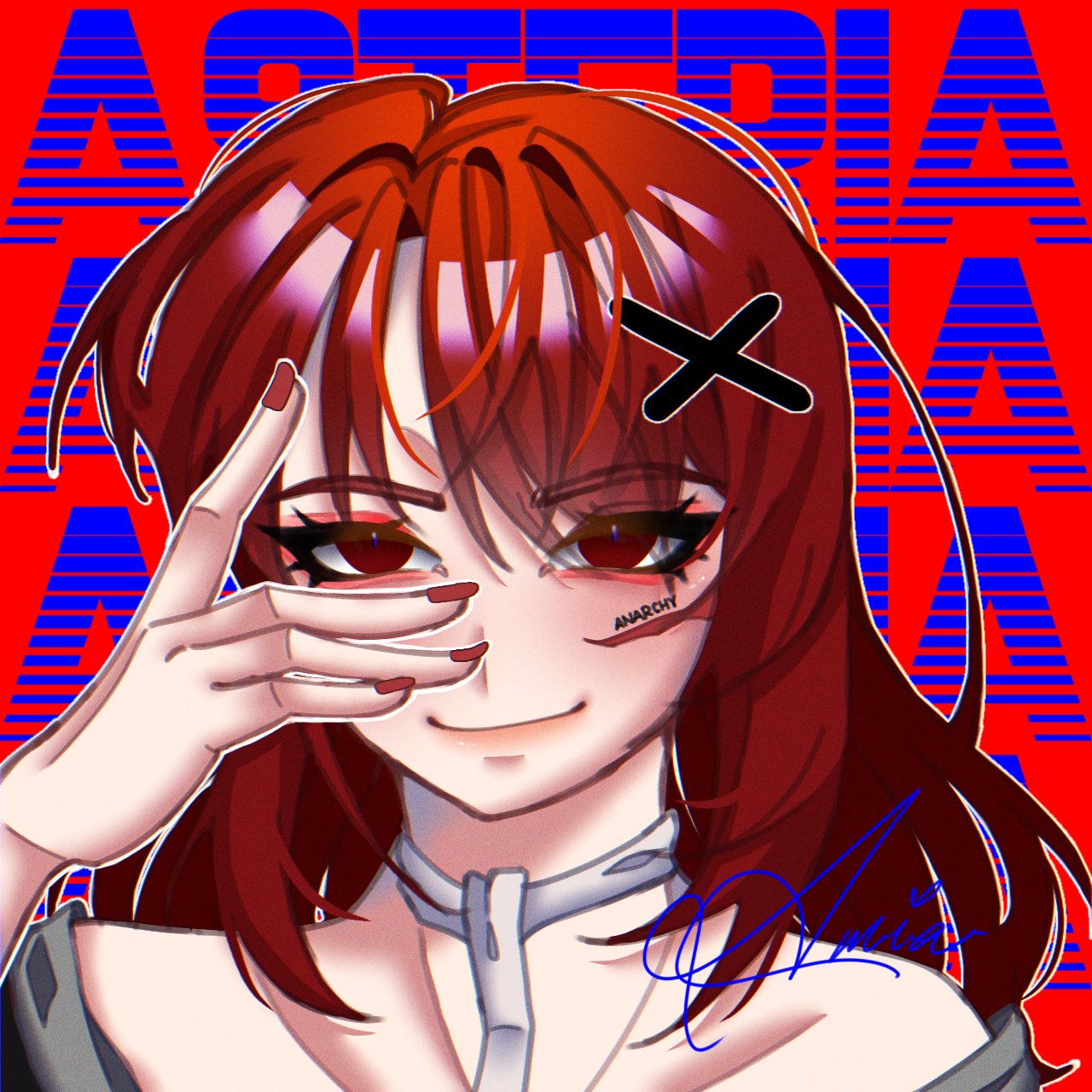 commentary, english commentary, highres, variant set, 1girl, anarchy (asteria), artist name (singer), asteria (musician), bare shoulders, body writing, choppy bangs, closed mouth, eyeliner, hair between eyes, hair ornament, hand on own face, hand up, long hair, looking at viewer, makeup, nail polish, portrait, red background, red eyeliner, red eyes, red hair, red nails, scar, scar on face, signature, smile, solo, straight-on, x hair ornament, xiaovnne