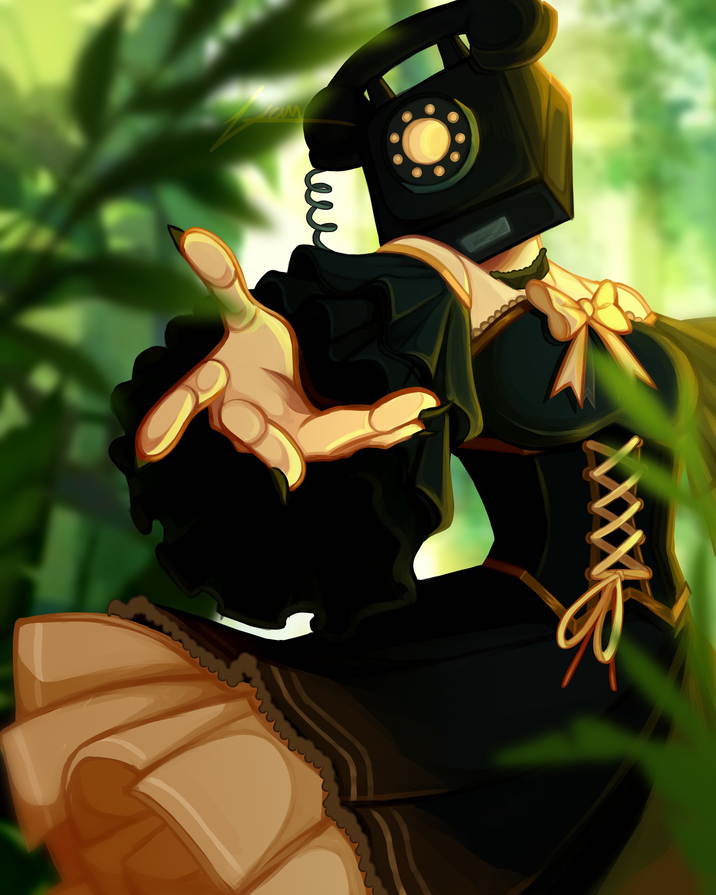 original, absurdres, commentary, english commentary, highres, 1girl, bare shoulders, black dress, black nails, blurry, blurry background, bow, breasts, corded phone, cowboy shot, dress, facing viewer, green background, green theme, hijimasa, long sleeves, medium breasts, object head, open hand, phone, phone head, solo, yellow bow