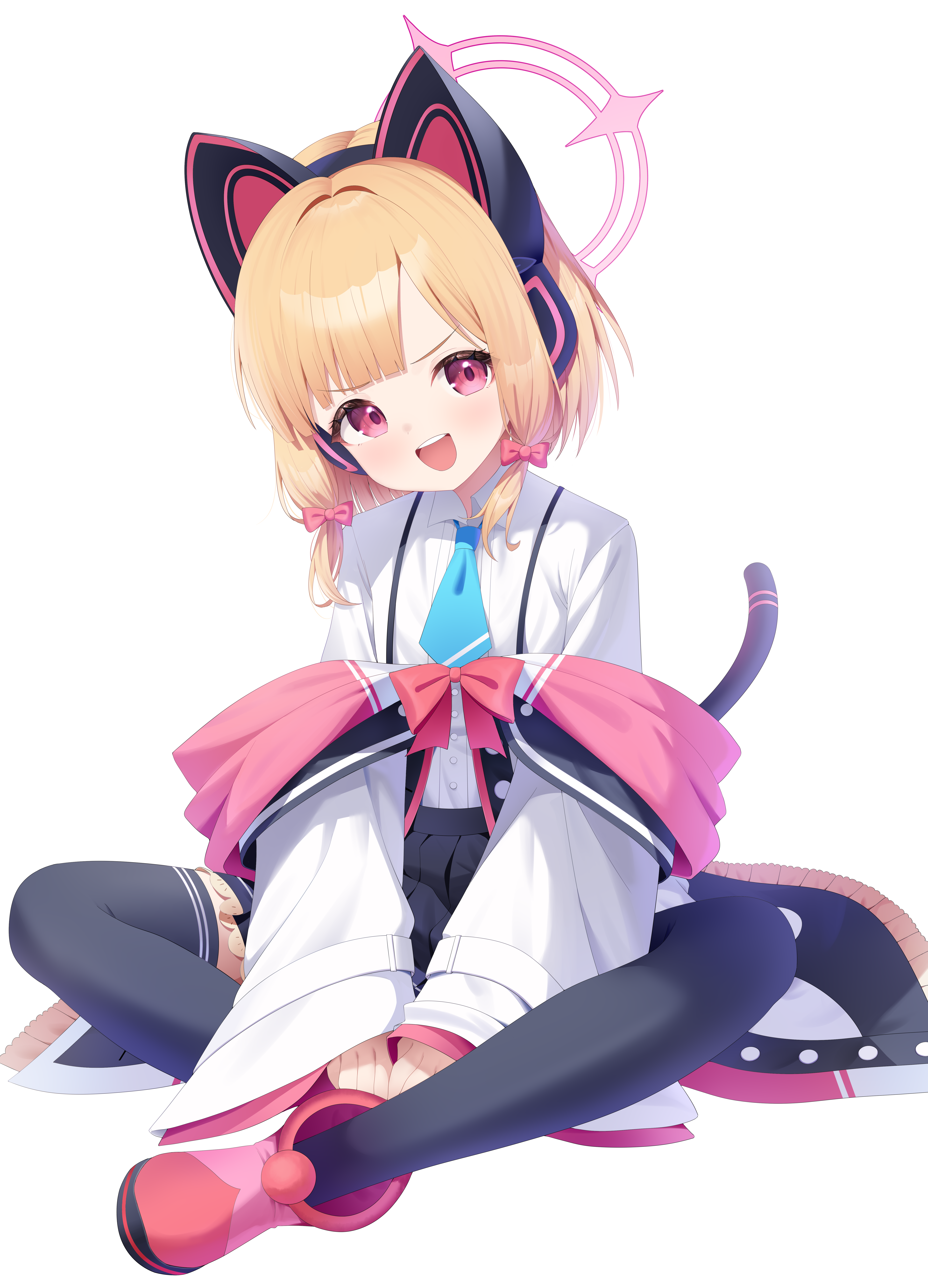 momoi (blue archive), blue archive, absurdres, highres, 1girl, :d, animal ear headphones, animal ears, black jacket, black skirt, black thighhighs, blonde hair, blue necktie, blunt bangs, boots, bow, buttons, cat ear headphones, cat ears, cat tail, collared shirt, dress shirt, fake animal ears, fake tail, frilled jacket, frilled skirt, frills, full body, hair bow, halo, head tilt, headphones, indian style, jacket, jacket partially removed, long sleeves, looking at viewer, low-tied sidelocks, multicolored jacket, necktie, open mouth, parted bangs, pink boots, pink bow, pink eyes, pink halo, pink jacket, pleated skirt, school uniform, shanguangyaoye, shirt, short hair, sidelocks, simple background, sitting, skirt, smile, solo, tail, teeth, thighhighs, unbuttoned, upper teeth only, white background, white jacket, white shirt, wide sleeves