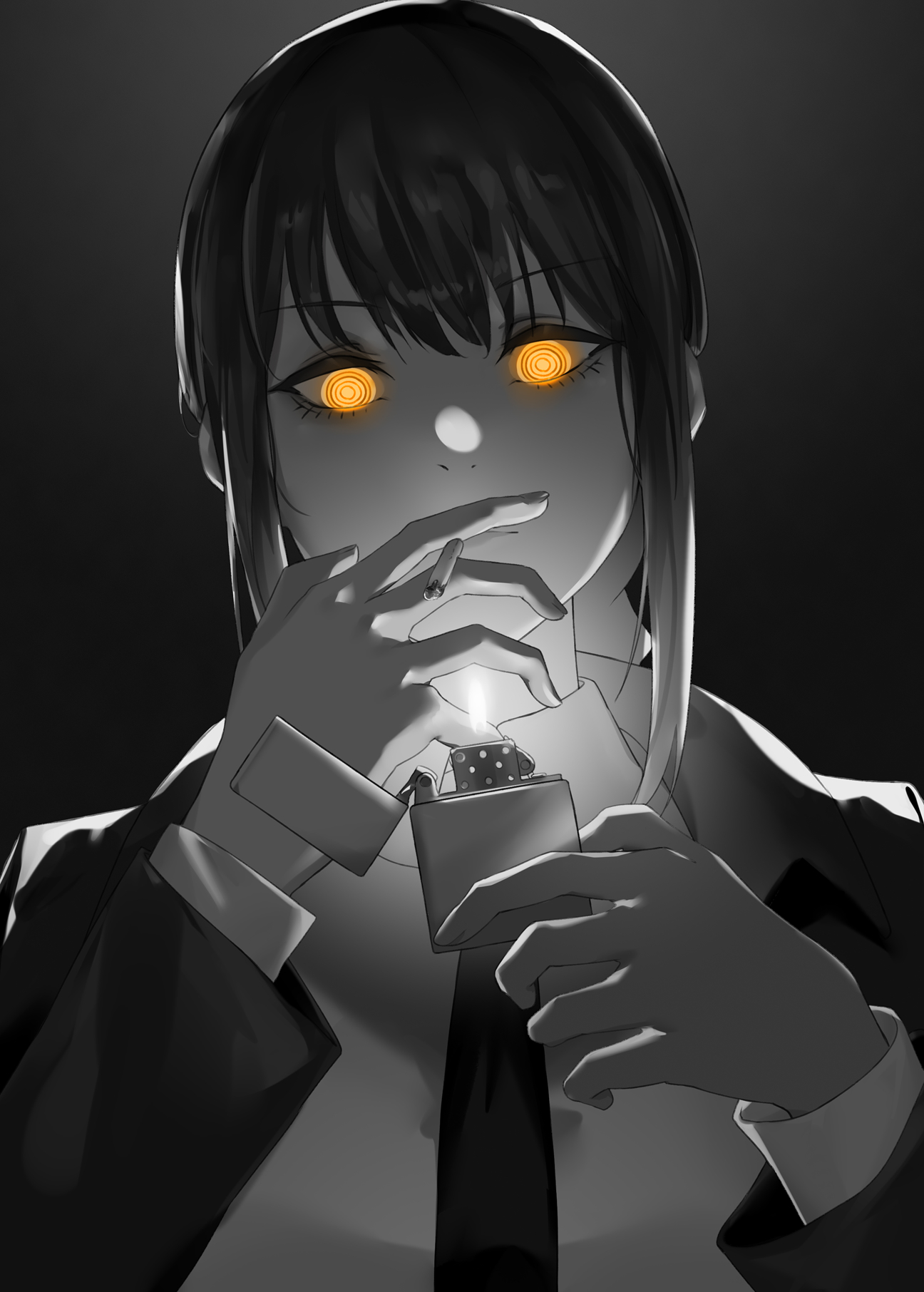 vii (joshuayuen), makima (chainsaw man), chainsaw man, highres, 1girl, cigarette, eyelashes, greyscale, holding, holding cigarette, holding lighter, jacket, lighter, lighting cigarette, long sleeves, looking at viewer, monochrome, necktie, nostrils, orange eyes, ringed eyes, solo, spot color