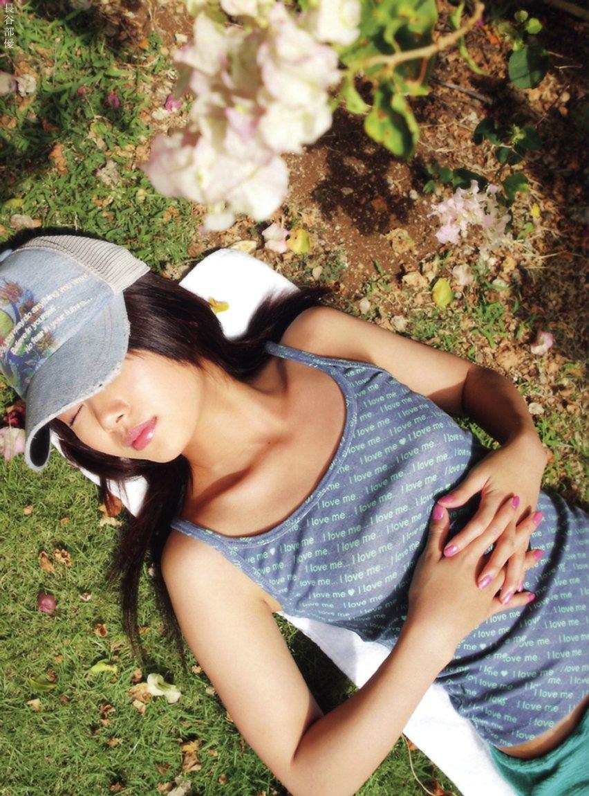 hasebe yu, photo (medium), tagme, 1girl, asian, baseball cap, camisole, closed eyes, clothes writing, female focus, flower, hat, long hair, nail polish, outdoors, pink nails, sleeping, solo