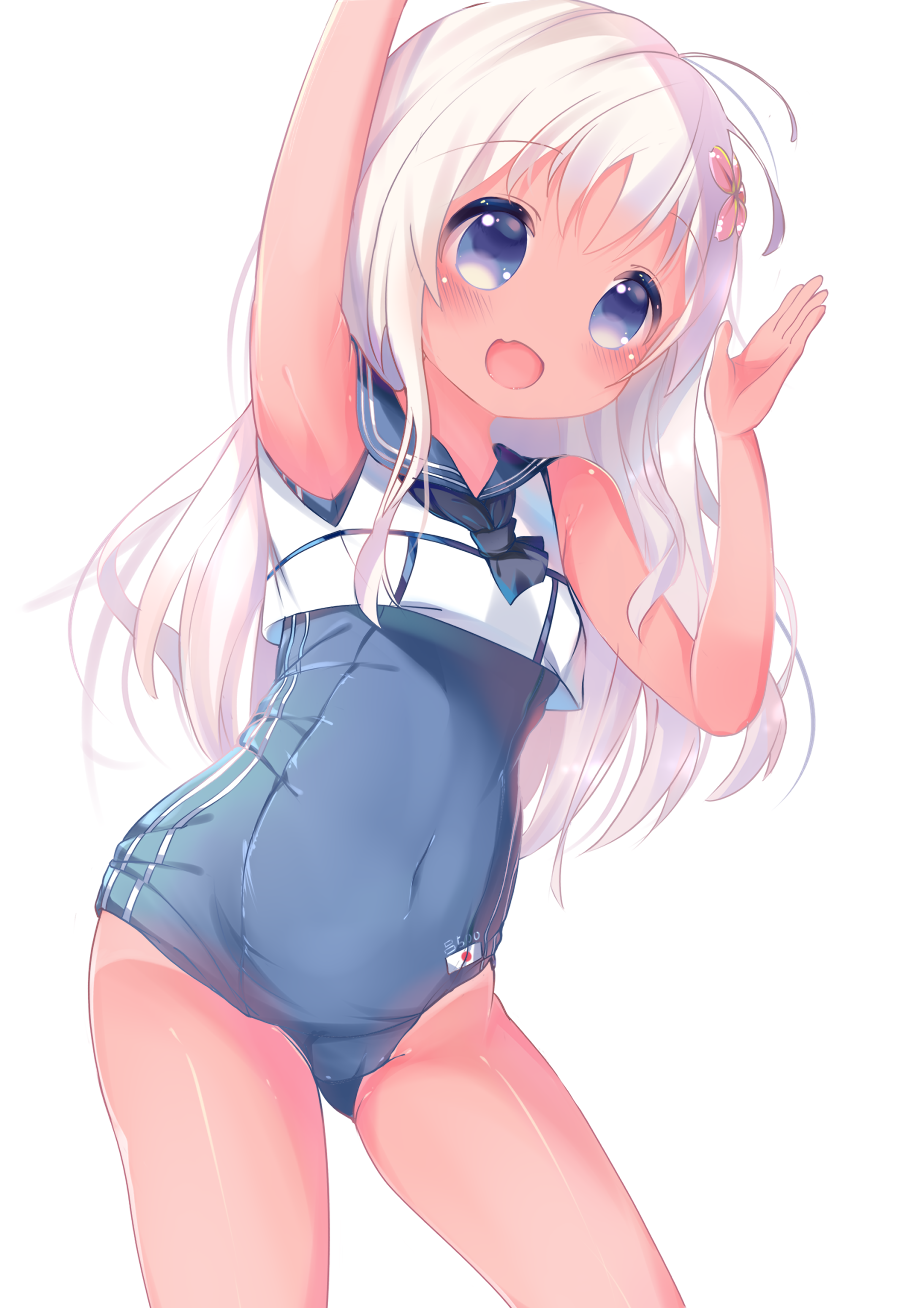 ro-500 (kancolle), kantai collection, absurdres, highres, 1girl, black neckerchief, blue eyes, blue one-piece swimsuit, blue sailor collar, dark-skinned female, dark skin, fang, flower, gingaryuu, hair flower, hair ornament, long hair, neckerchief, one-piece swimsuit, sailor collar, sailor shirt, school swimsuit, shirt, skin fang, sleeveless, sleeveless shirt, smile, solo, swimsuit, tan, tanline, white hair, white shirt
