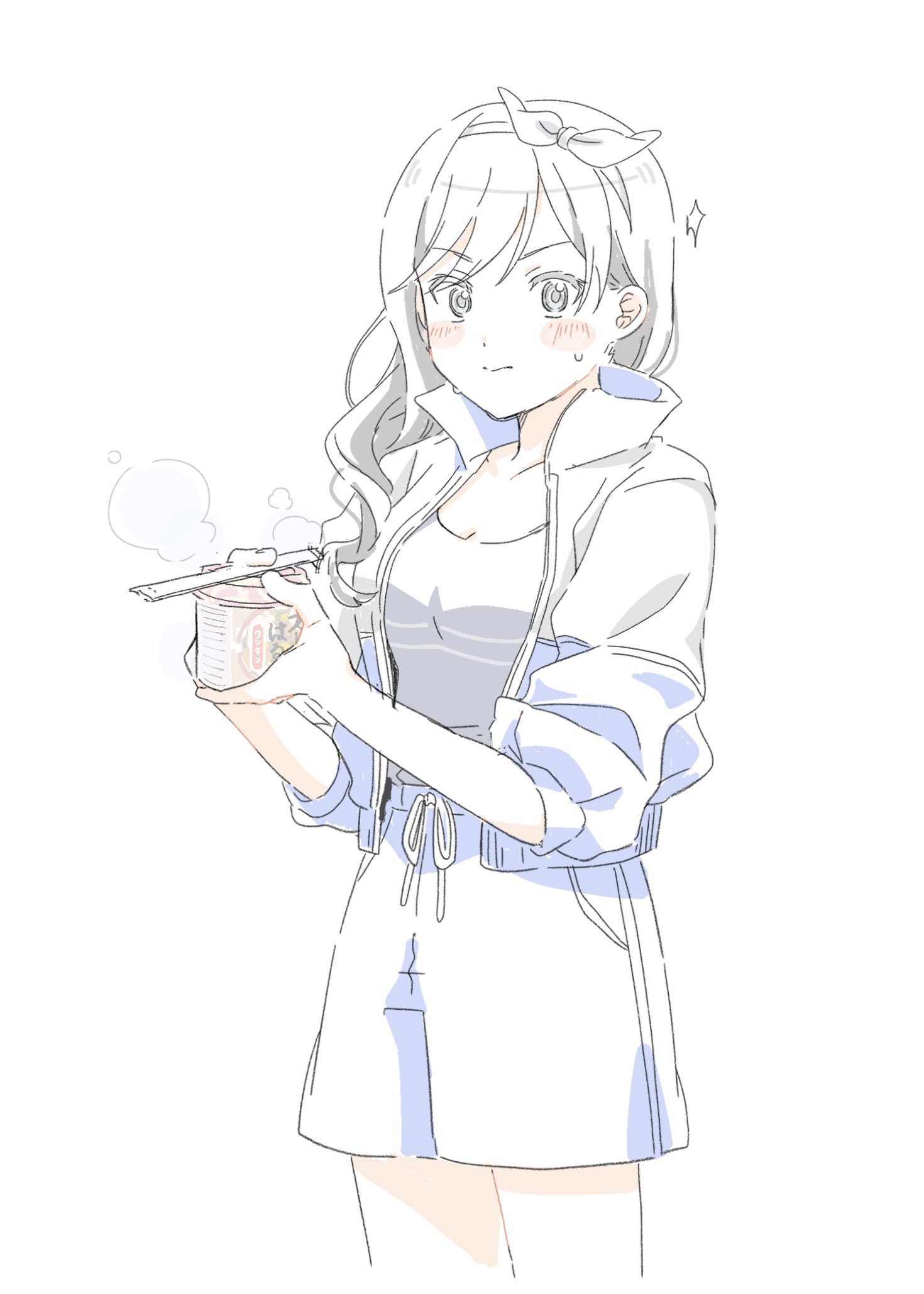 ikutsu, yanagi koharu, shoujo kageki revue starlight, shoujo kageki revue starlight -re live-, highres, 1girl, ^^^, black hair, blue jacket, blue shorts, blush, bow hairband, breasts, chopsticks, cleavage, closed mouth, collarbone, cowboy shot, cropped legs, cup ramen, drawstring, food, grey eyes, grey jacket, grey shirt, hair behind ear, hair over shoulder, hair ribbon, hairband, high collar, holding, holding chopsticks, holding food, jacket, long hair, looking at viewer, medium breasts, multicolored jacket, official alternate costume, open clothes, open jacket, partially colored, ribbon, shirt, shorts, simple background, solo, standing, steam, sweatdrop, three-quarter sleeves, two-tone jacket, v-shaped eyebrows, white background