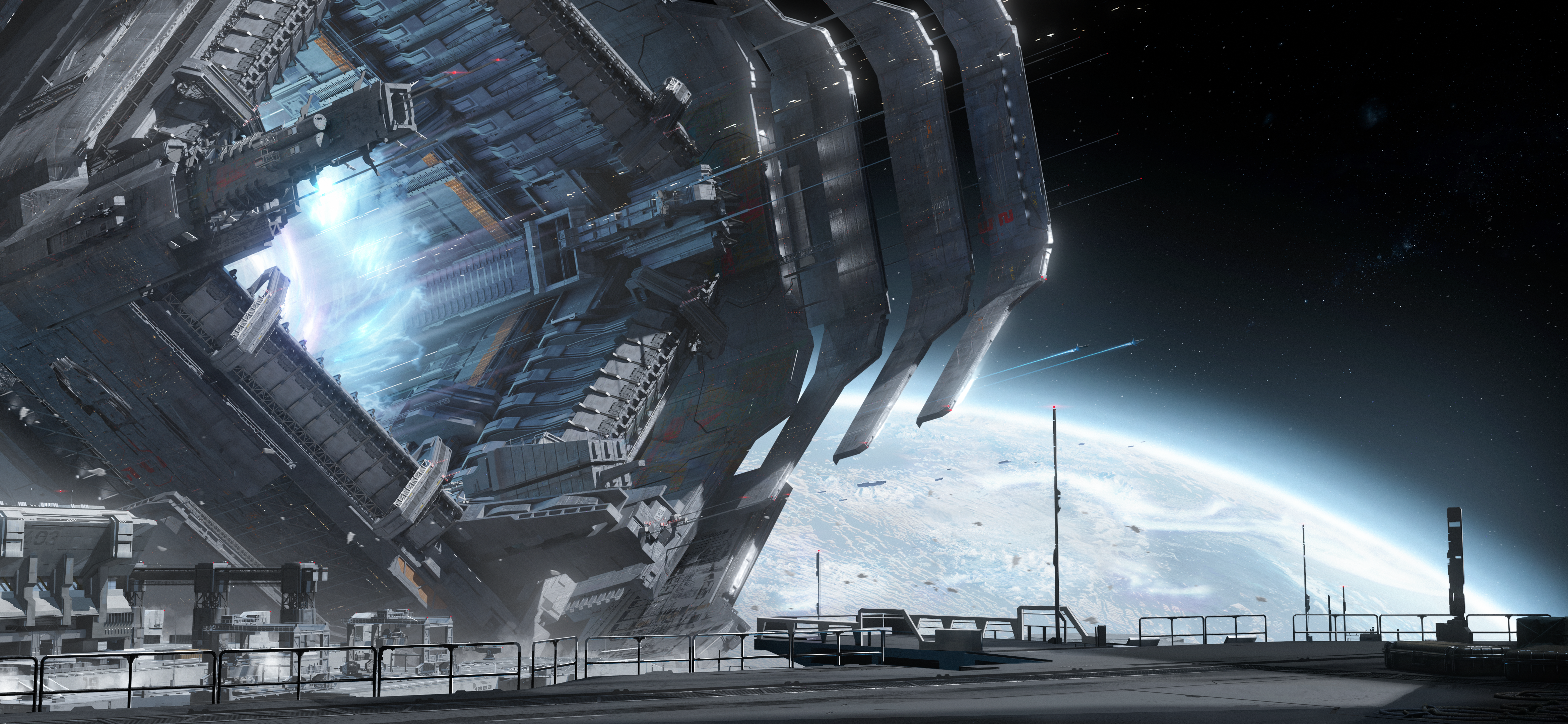original, absurdres, chinese commentary, commentary request, highres, no humans, planet, scenery, science fiction, space, spacecraft, star (sky), zi dianli chang
