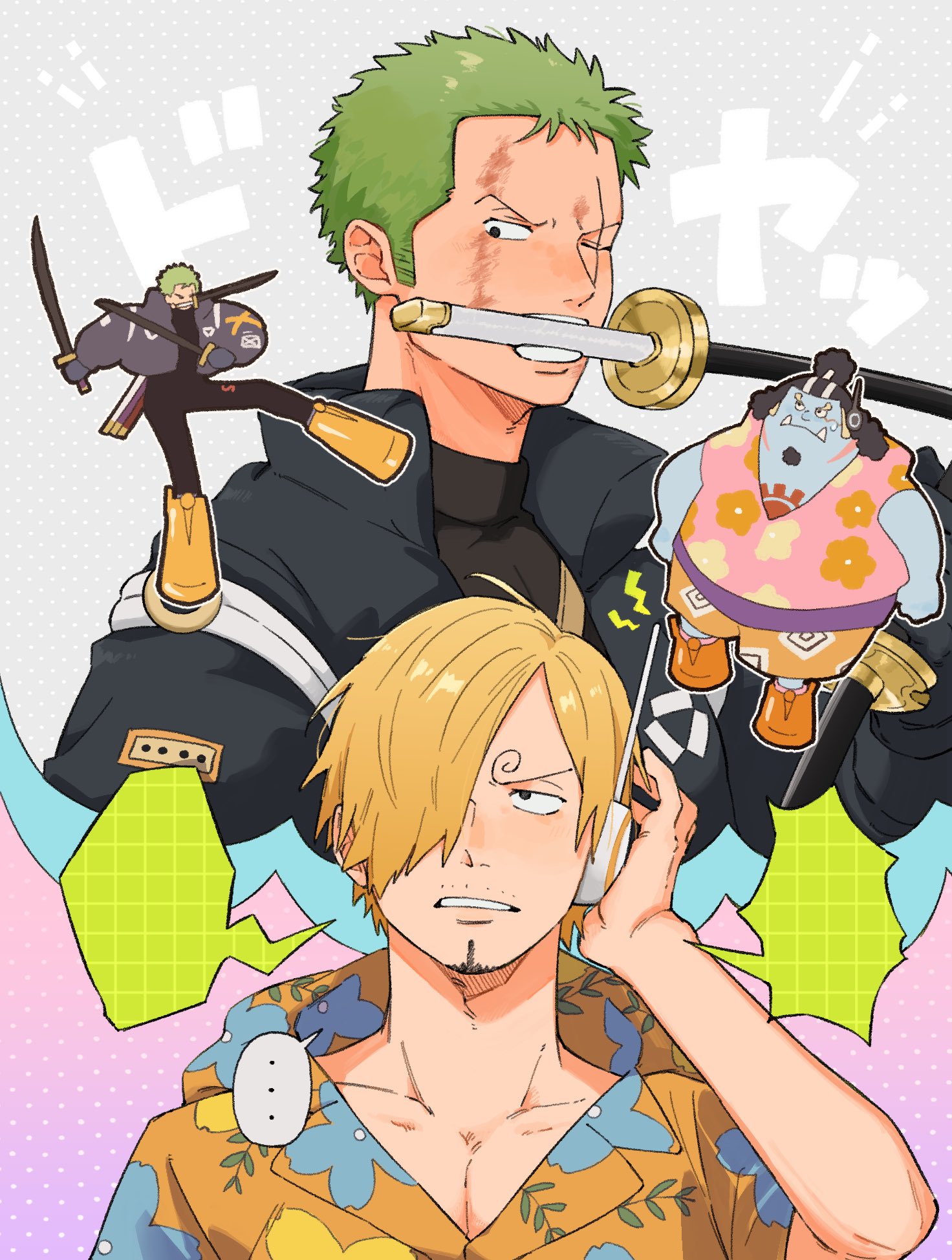 iqracha, jinbe (one piece), roronoa zoro, sanji (one piece), one piece, commentary, highres, symbol-only commentary, translation request, 3boys, black jacket, blank speech bubble, blonde hair, curly eyebrows, facial hair, goatee, green hair, grey background, hair over one eye, hawaiian shirt, headset, jacket, male focus, mouth hold, multiple boys, multiple views, mustache stubble, scar, scar across eye, scar on face, shirt, short hair, speech bubble, stubble, sword in mouth, weapon in mouth