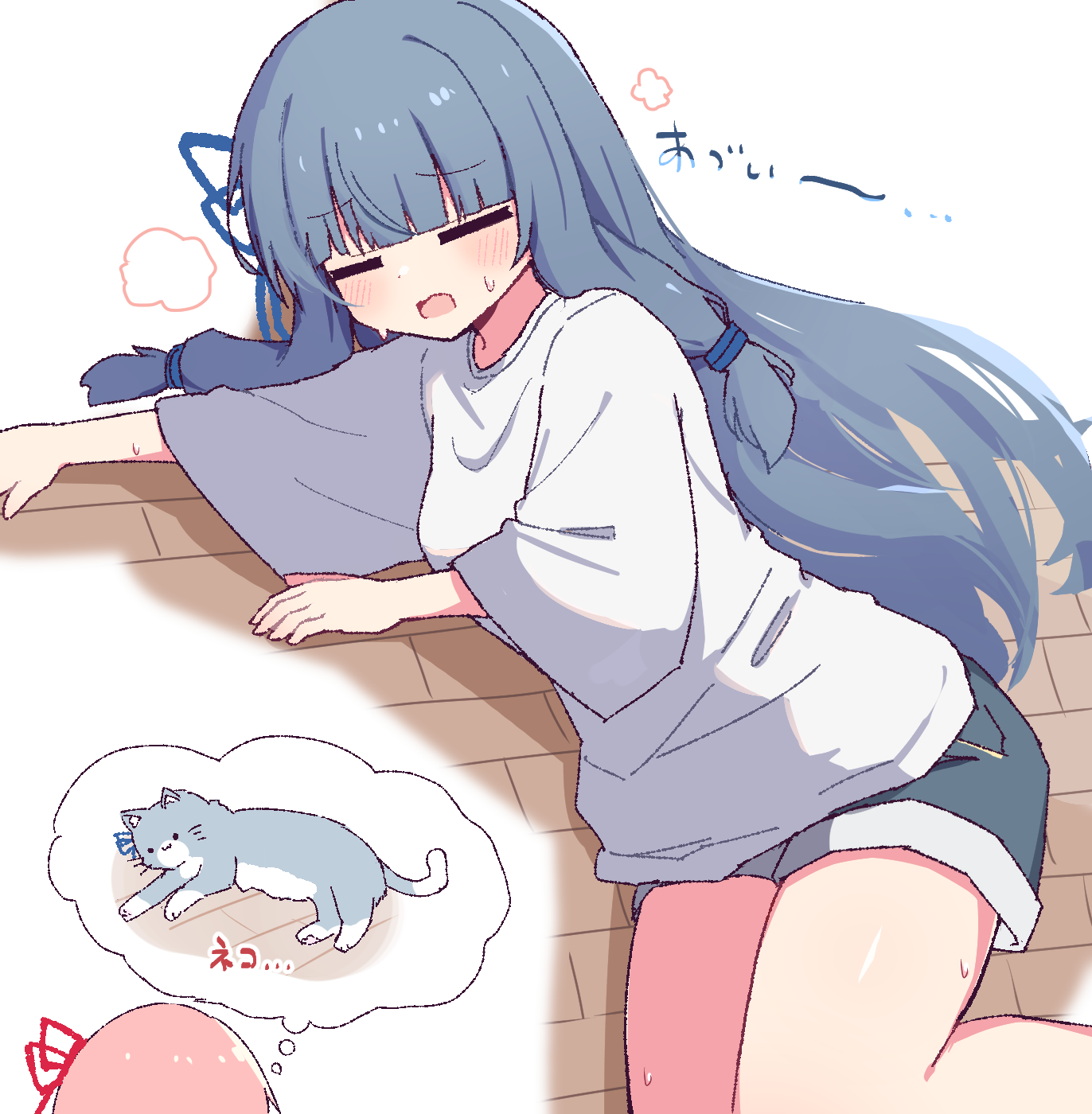 hibino 000, blue cat, kotonoha akane, kotonoha aoi, voiceroid, commentary, highres, translation request, 2girls, blue hair, blue ribbon, blue shorts, blunt bangs, blush, cat, closed eyes, feet out of frame, hair ribbon, hot, long hair, long sleeves, lying, multiple girls, on side, open mouth, pink hair, red ribbon, ribbon, shirt, shorts, sidelocks, speech bubble, spoken animal, sweat, thought bubble, white background, white shirt, wide sleeves