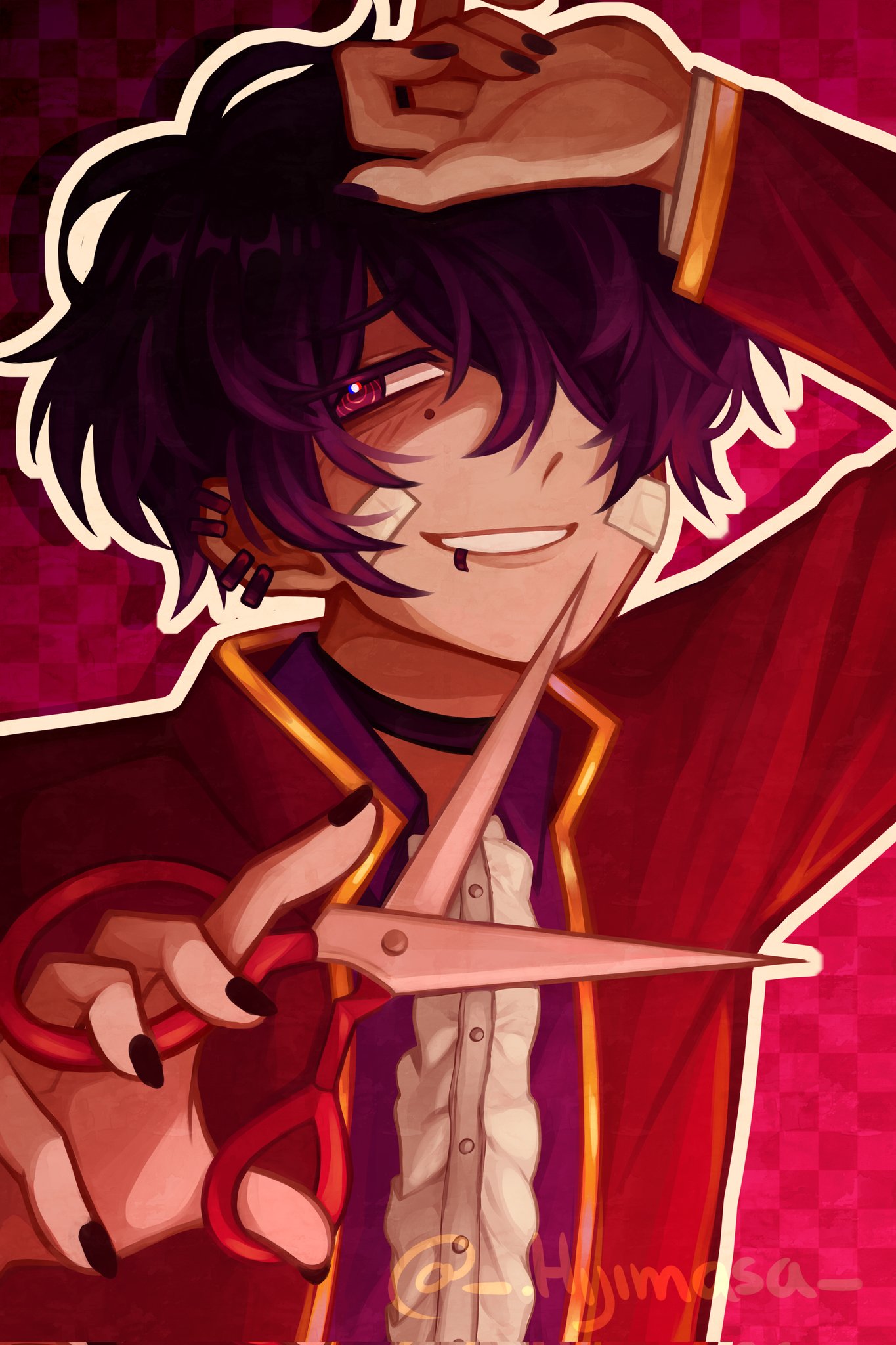 original, commentary request, commission, highres, 1boy, arm up, artist name, black choker, black nails, checkered background, choker, ear piercing, hair over one eye, hand up, hijimasa, holding, holding scissors, jacket, long sleeves, looking at viewer, male focus, mole, mole under eye, nail polish, one eye covered, parted bangs, parted lips, piercing, purple eyes, purple hair, red background, red jacket, scissors, short hair, smile, solo, spanish commentary, upper body