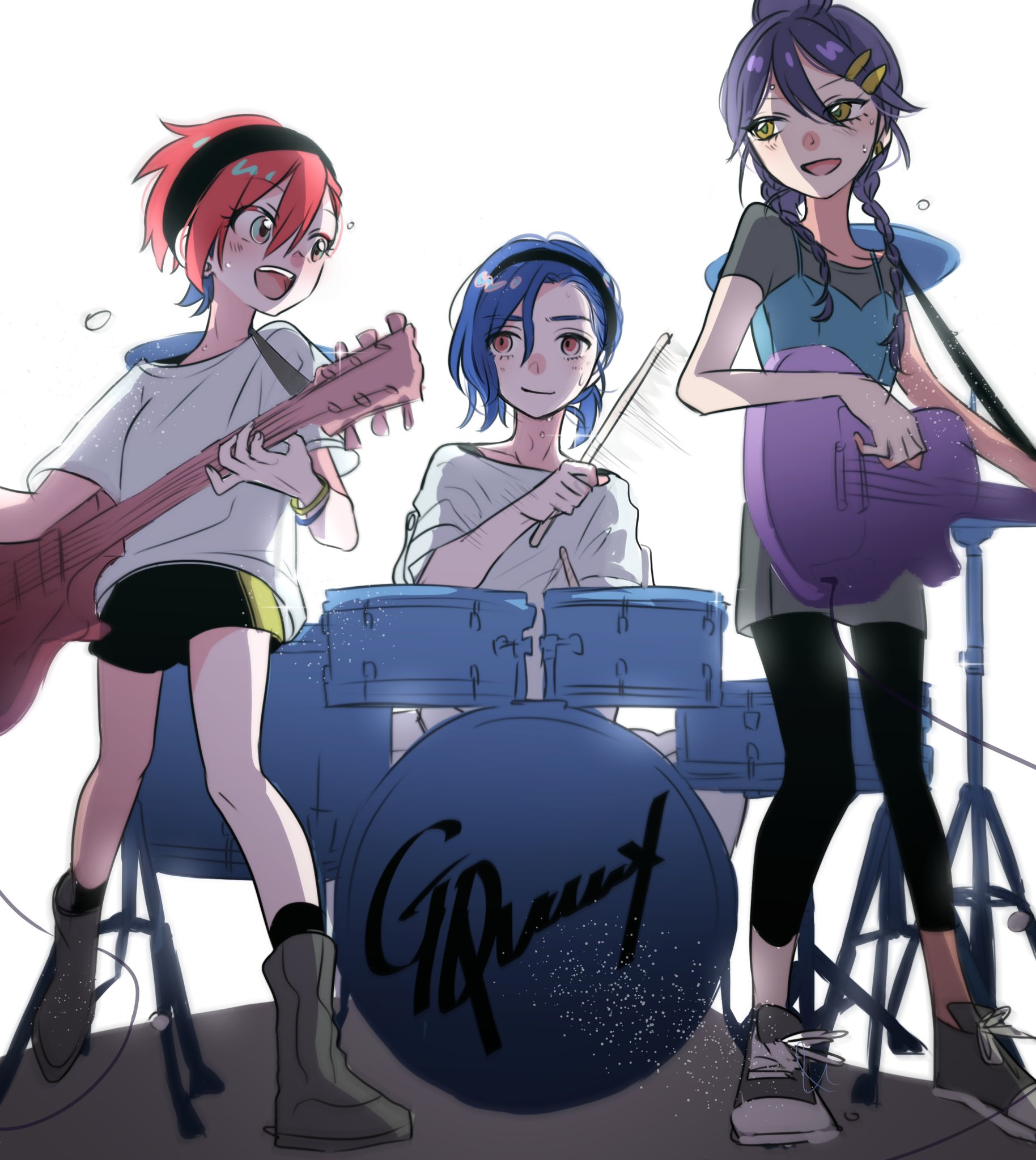 ando chi, amate yuzuriha, nyaan (gundam gquuuuuux), shuji ito, gundam, gundam gquuuuuux, highres, 1boy, 2girls, aqua eyes, band (music), black hair, blue hair, blush, boots, braid, breasts, closed mouth, colored inner hair, drum, drum set, drumming, drumsticks, guitar, hair ornament, holding, holding drumsticks, holding guitar, holding instrument, instrument, long hair, multicolored hair, multiple girls, music, open mouth, playing drum, playing guitar, playing instrument, ponytail, purple hair, red eyes, red hair, shirt, shoes, short hair, shorts, simple background, smile, tank top, twin braids, two-tone hair, white background, white shirt, yellow eyes
