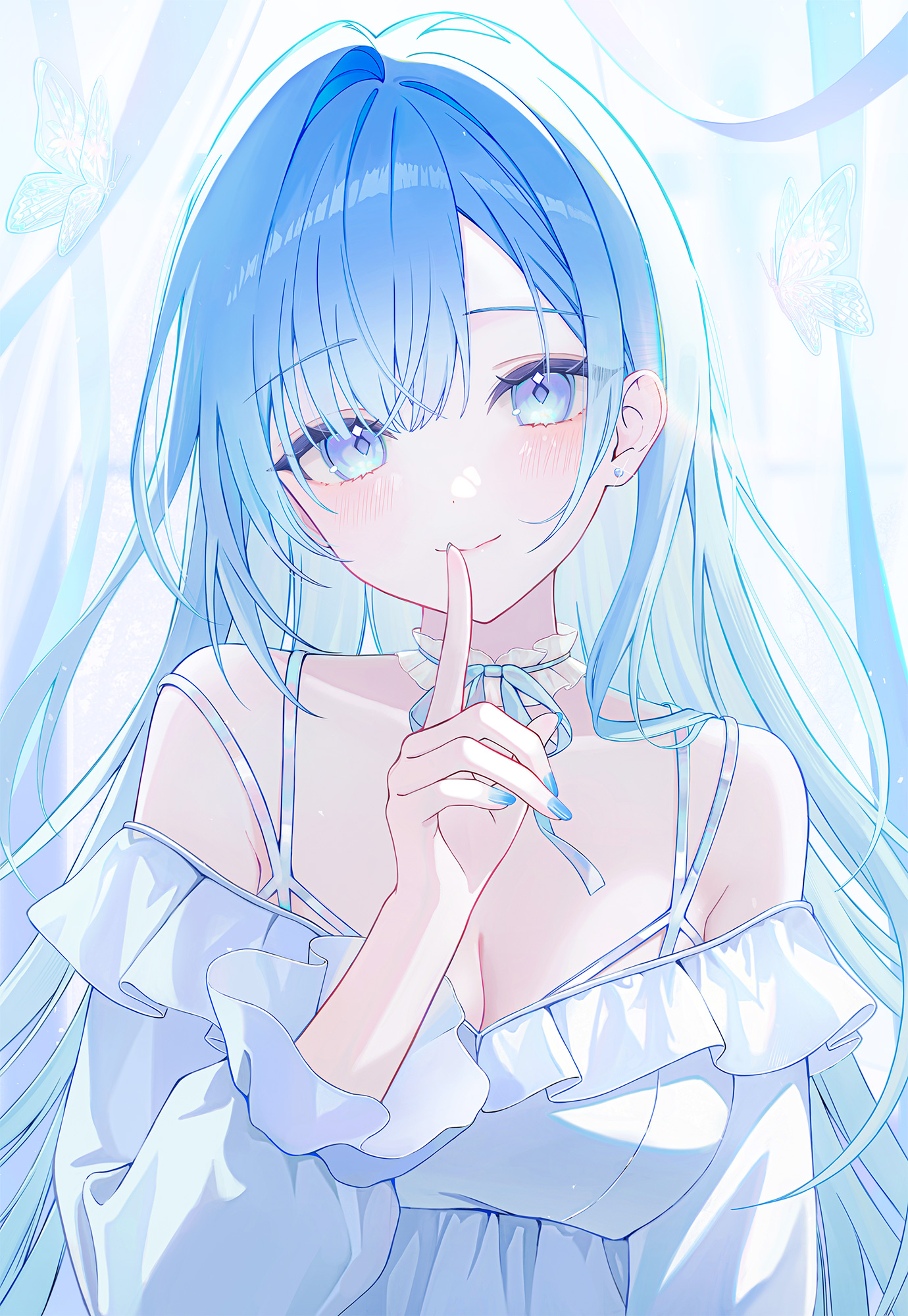 funii, original, highres, 1girl, bare shoulders, blue eyes, blue hair, blue nails, blue ribbon, blush, breasts, bug, butterfly, cleavage, close-up, dress, ear piercing, fingerless gloves, fingernails, frills, gloves, insect, long hair, looking at viewer, medium breasts, parted bangs, piercing, ribbon, simple background, smile, solo, white background, white dress