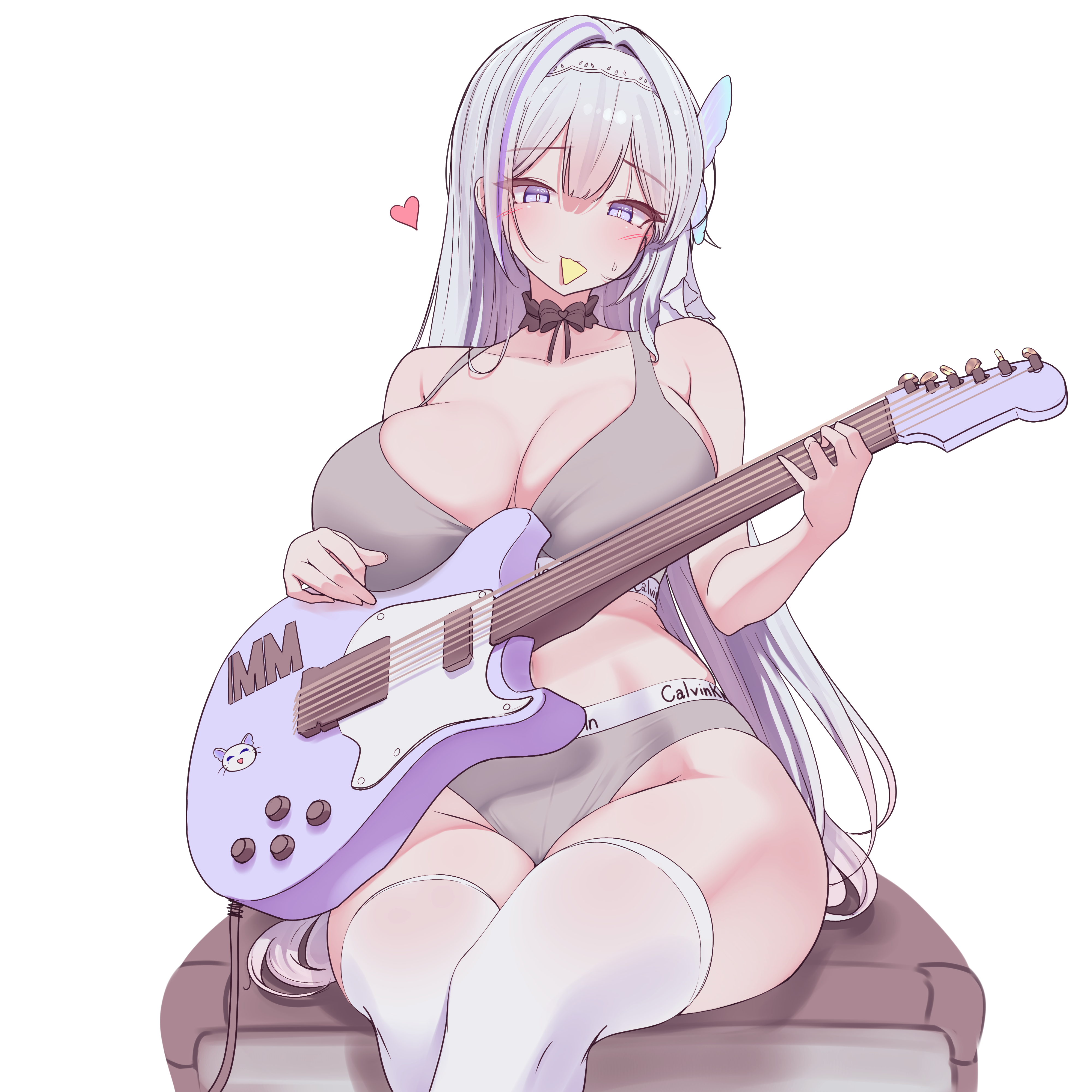 rapid17, calvin klein, indie virtual youtuber, absurdres, highres, 1girl, amplifier, bra, breasts, choker, cleavage, frilled choker, frills, grey bra, guitar, hairband, heart, instrument, large breasts, long hair, looking at object, looking down, mouth hold, plectrum, purple eyes, simple background, sitting, solo, thighhighs, thighs, transparent background, underwear, white hair, white thighhighs