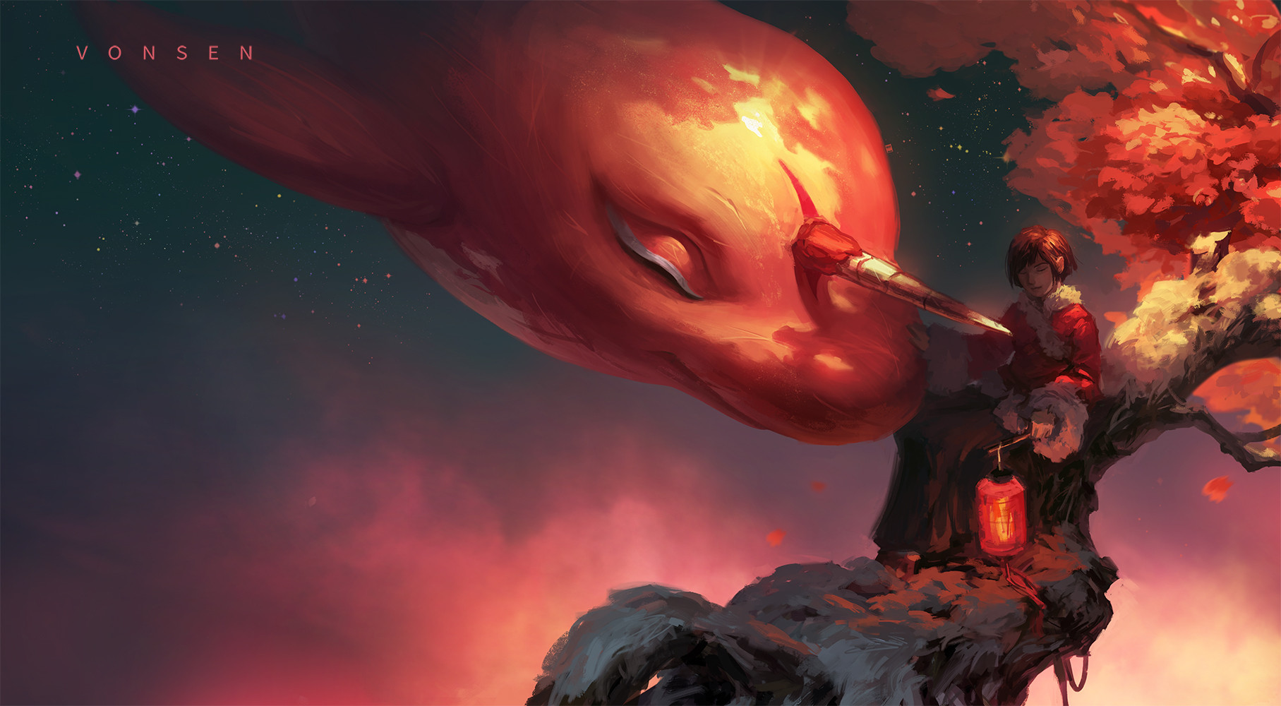 dayu haitang, commentary, english commentary, highres, 1girl, chun (dayu haitang), closed eyes, fish, flying fish, full body, fur-trimmed shirt, fur trim, kun (dayu haitang), lantern, paper lantern, petals, petting, red shirt, shirt, signature, star (sky), tree, vonsen