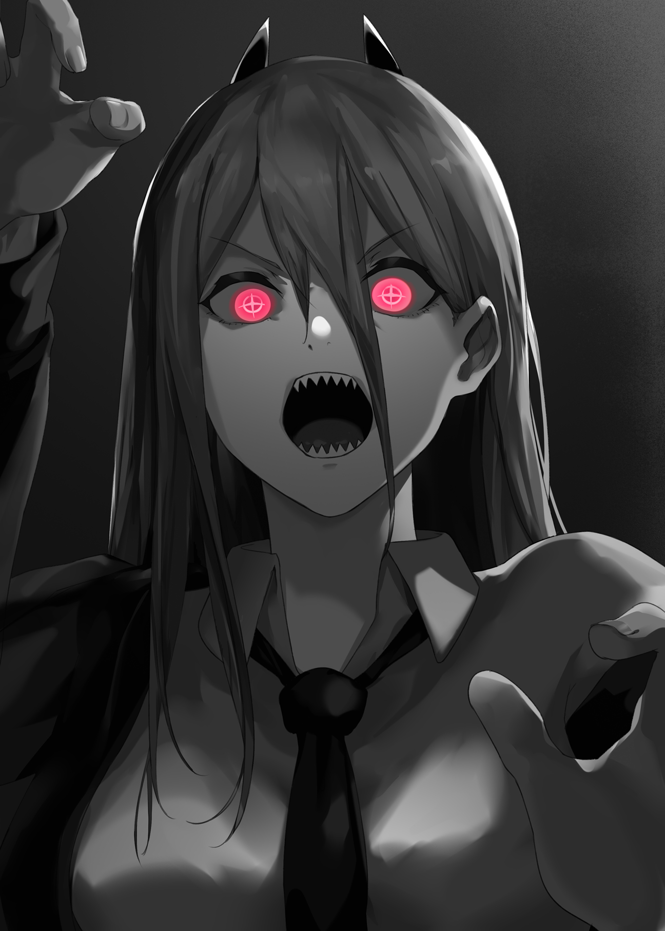 vii (joshuayuen), power (chainsaw man), chainsaw man, highres, 1girl, claw pose, collared shirt, greyscale, hair between eyes, horns, long hair, looking at viewer, monochrome, necktie, open mouth, pink eyes, sharp teeth, shirt, solo, spot color, symbol in eye, teeth, upper body