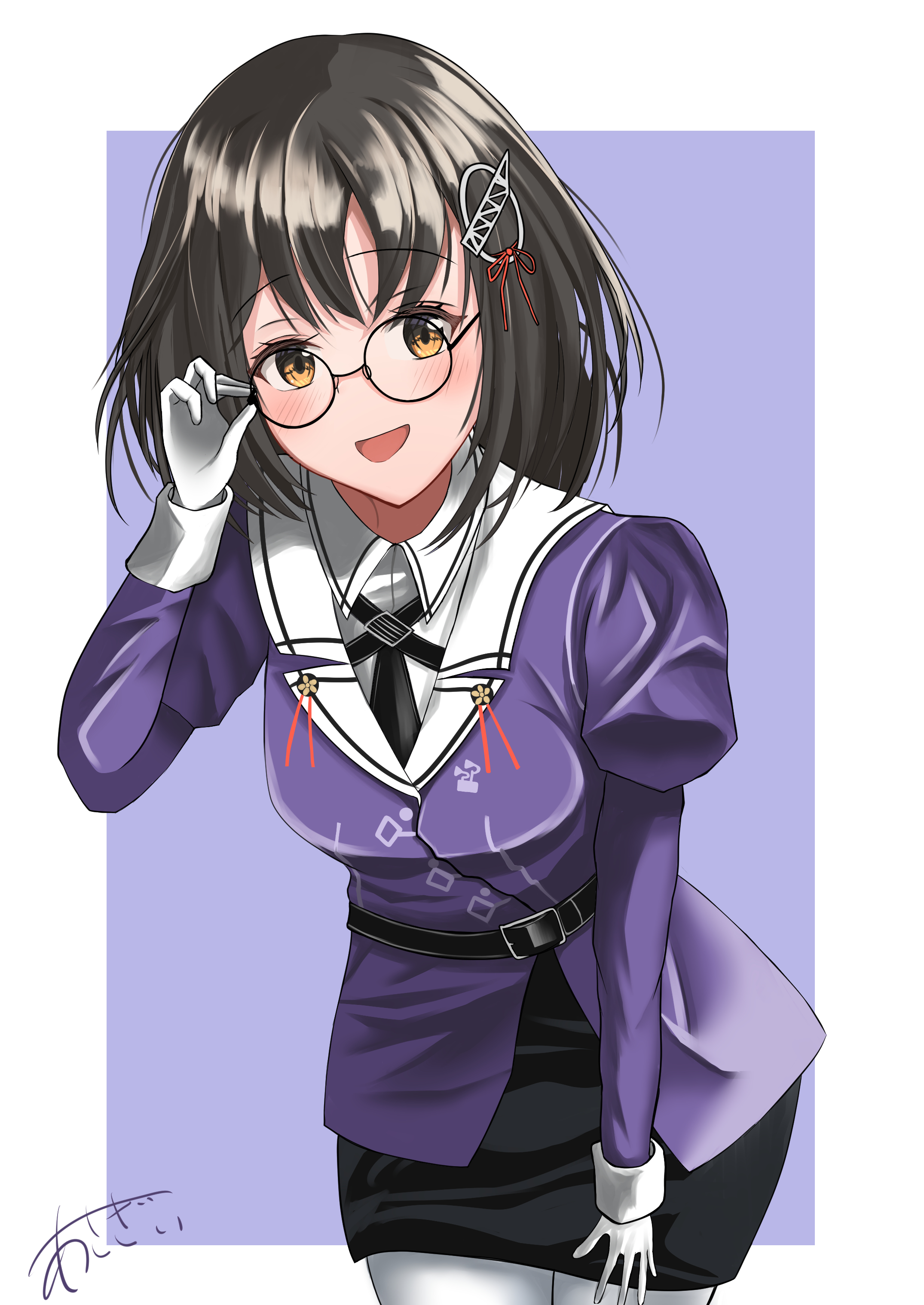 asagii, haguro (kancolle), haguro kai ni (kancolle), kantai collection, absurdres, highres, 1girl, bespectacled, black hair, black skirt, blue background, brown eyes, cowboy shot, glasses, gloves, hair ornament, hairclip, jacket, leaning forward, military uniform, pantyhose, pencil skirt, purple jacket, short hair, signature, skirt, smile, solo, two-tone background, white gloves, white pantyhose
