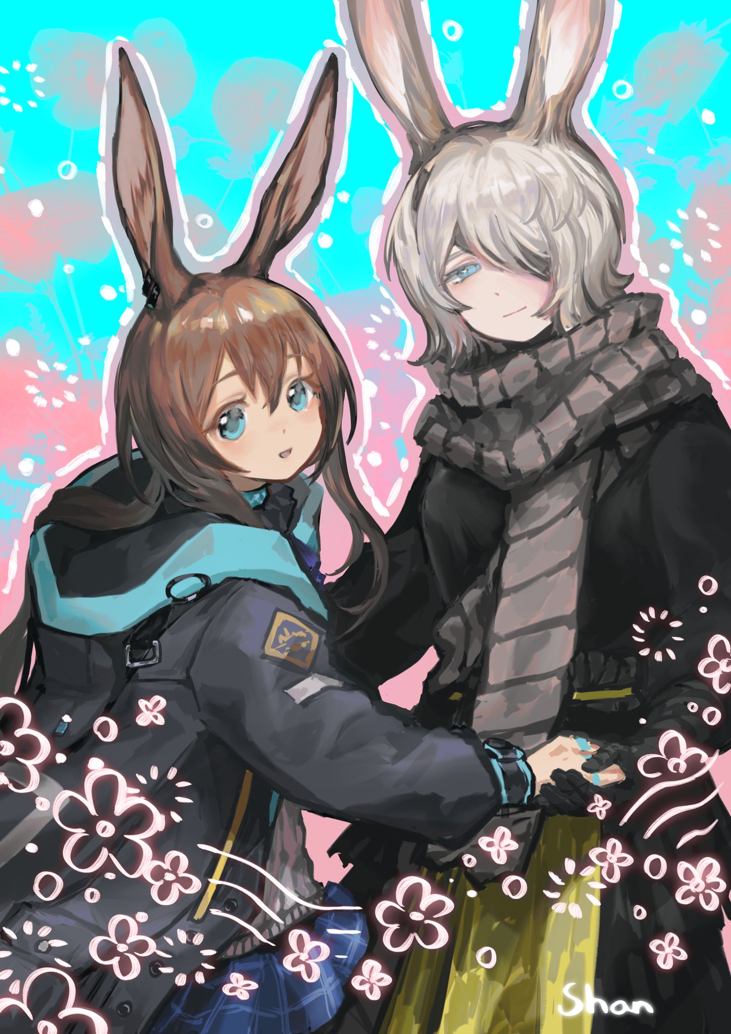 shan23852196, amiya (arknights), faust (project moon), arknights, limbus company, project moon, highres, 2girls, animal ears, black coat, blue eyes, brown hair, closed mouth, coat, cowboy shot, crossover, grey scarf, heishou pack-mao branch (identity) (project moon), long hair, looking at viewer, low ponytail, multiple girls, ponytail, rabbit ears, scarf, short hair, smile, very long hair, white hair