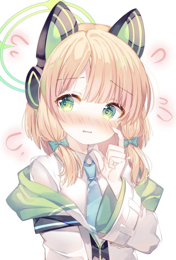 moeno uni, midori (blue archive), blue archive, hashtag-only commentary, 1girl, animal ear headphones, animal ears, averting eyes, blonde hair, blue necktie, blush, bow, cat ear headphones, cat ears, collared shirt, fake animal ears, flying sweatdrops, green bow, green eyes, green halo, green jacket, hair bow, halo, hand up, headphones, jacket, long sleeves, looking to the side, low-tied sidelocks, medium hair, multicolored jacket, necktie, nose blush, off shoulder, parted bangs, parted lips, partially open jacket, shirt, sidelocks, simple background, solo, upper body, wavy mouth, white background, white jacket, white shirt