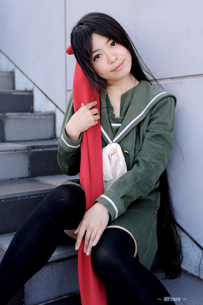 shana, shakugan no shana, photo (medium), cosplay, katana, misumi shoko, red hair, sailor, school uniform, serafuku, sword, thighhighs, weapon