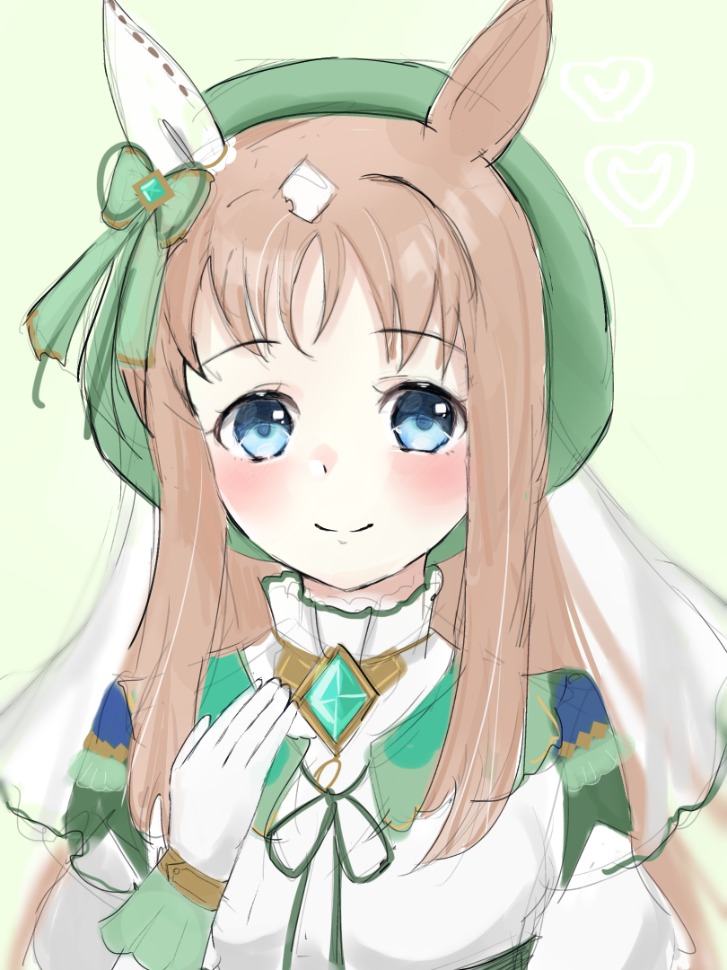 grass wonder (umamusume), umamusume, 1girl, alternate costume, animal ears, blue eyes, blush, bow, brown hair, closed mouth, dress, ear bow, ear covers, ear ornament, ear ribbon, gloves, green bow, green dress, green hat, green ribbon, hat, horse ears, horse girl, jewelry, long sleeves, looking at viewer, multicolored hair, pendant, ribbon, simple background, single ear cover, smile, solo, upper body, user upef3248, veil, white dress, white gloves, white hair, white veil