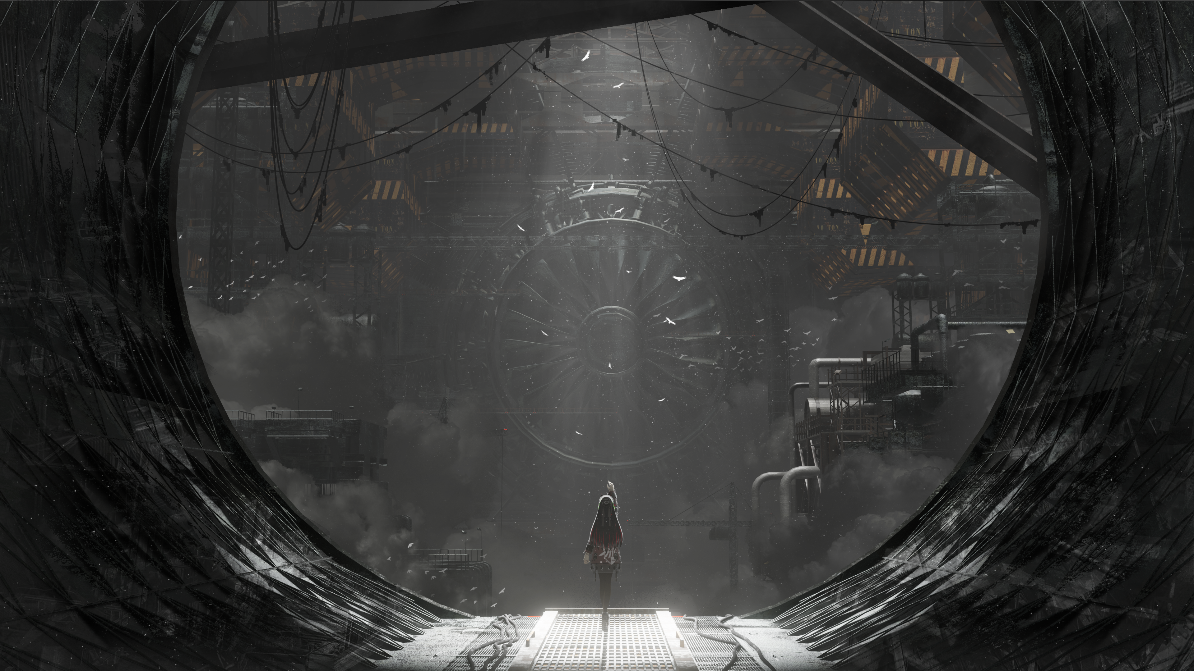 lucia (pgr), punishing: gray raven, absurdres, commentary, english commentary, highres, 1girl, abandoned, black hair, flock, from behind, indoors, industrial pipe, long hair, machinery, science fiction, simple bird, solo, standing, turbine, very wide shot, zi dianli chang