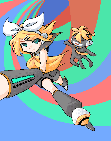 kagamine len, kagamine rin, vocaloid, lowres, 1boy, 1girl, brother and sister, oekaki, siblings, twins