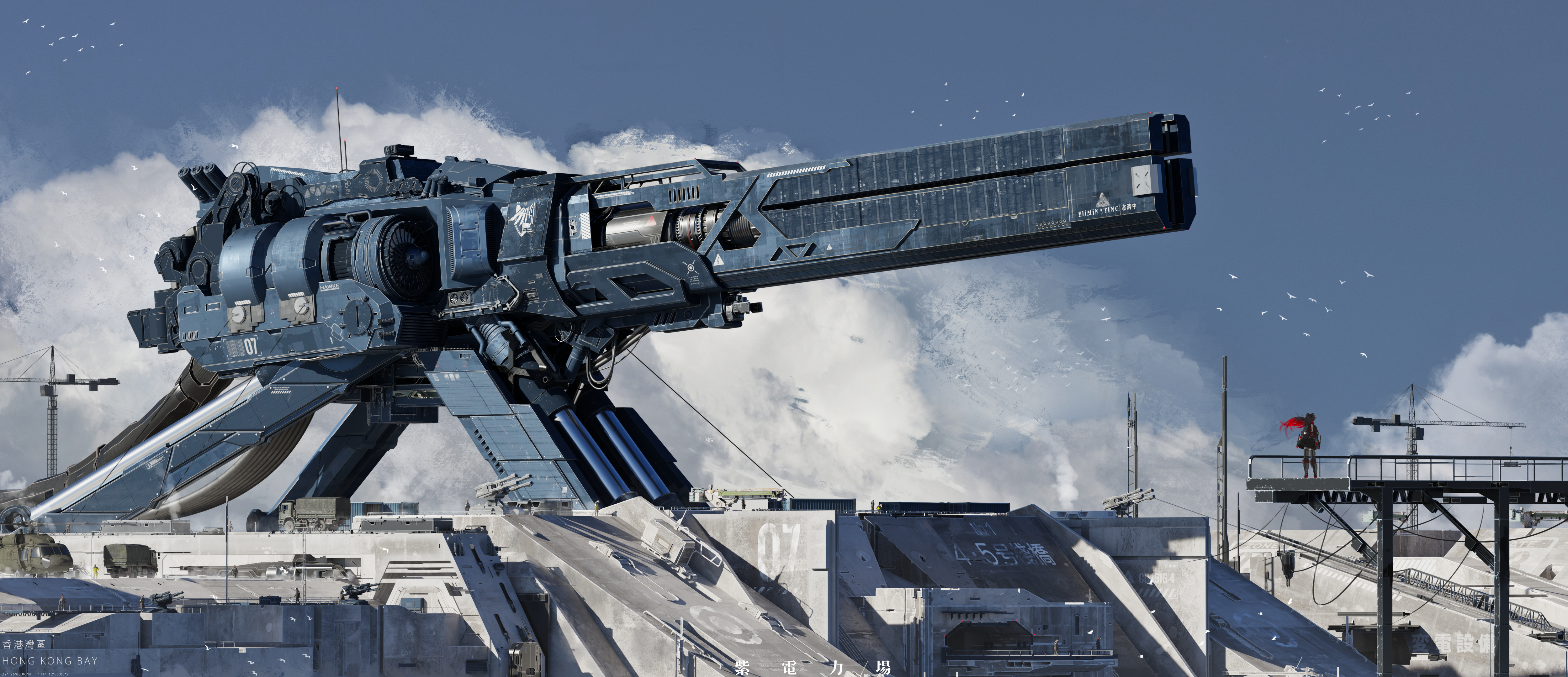 lucia (pgr), punishing: gray raven, absurdres, commentary, english commentary, highres, 1girl, blue sky, cloud, crane (machine), day, floating hair, flock, long hair, machinery, outdoors, oversized object, railgun, science fiction, simple bird, sky, standing, sunlight, very wide shot, zi dianli chang