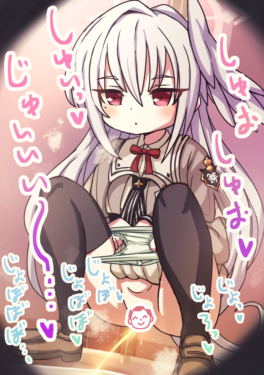 hayasaka (neoneet), doodle sensei (blue archive), sensei (blue archive), suzumi (blue archive), blue archive, commentary, highres, paid reward available, 1girl, black thighhighs, bow, bowtie, brown shoes, censored, character censor, green panties, head wings, long hair, long sleeves, novelty censor, panties, panty pull, parted lips, pee, peeing, red bow, red bowtie, red eyes, shoes, single head wing, solo, squatting, thighhighs, underwear, white hair, white wings, wings