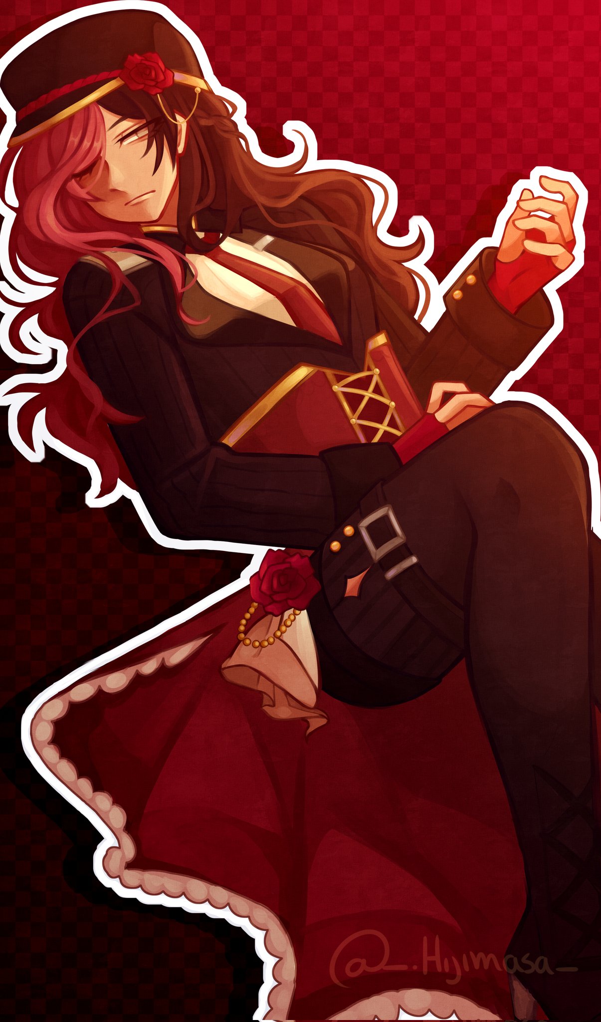 original, commentary request, commission, highres, 1girl, artist name, black hair, black hat, black jacket, black pants, black suit, breasts, checkered background, closed mouth, dutch angle, flower, formal clothes, grey eyes, hat, hat flower, hijimasa, jacket, long hair, long sleeves, looking at viewer, multicolored hair, necktie, one eye closed, pants, parted bangs, red background, red flower, red hair, red necktie, solo, spanish commentary, split-color hair, suit, two-tone hair, wavy hair