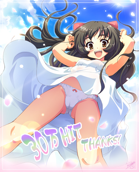 tougarashi hideyu, original, 1girl, :d, armpits, black hair, blush, bow, bow panties, cameltoe, dress, female focus, from below, hair bow, long hair, looking down, milestone celebration, open mouth, panties, pantyshot, smile, solo, underwear, upskirt, white panties, wind, wind lift, yellow eyes