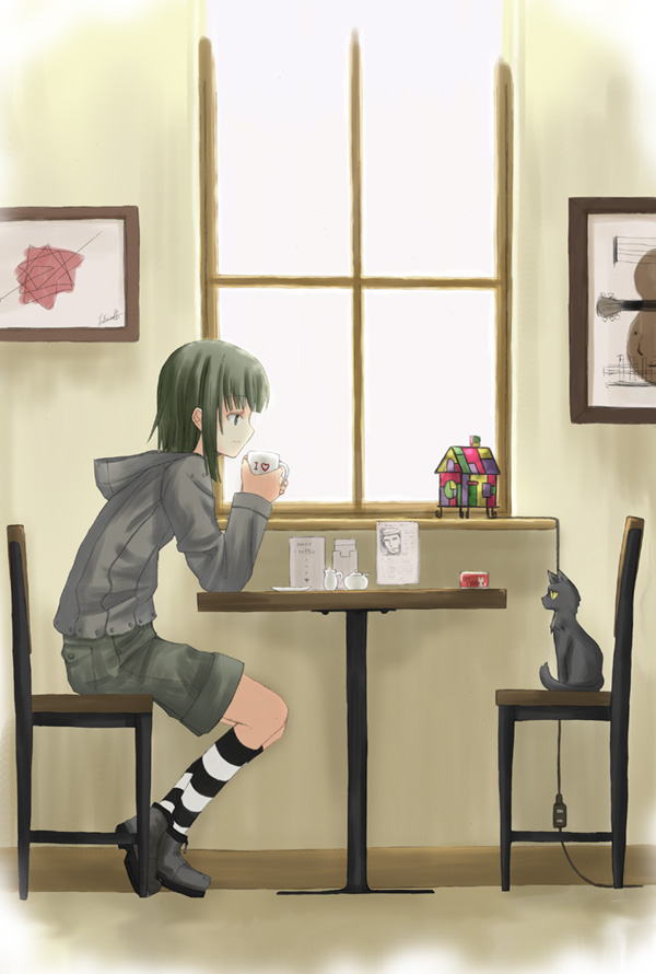 nabeshima tetsuhiro, original, 1girl, black hair, cat, chair, cup, female focus, hood, hoodie, mug, profile, short hair, shorts, sitting, socks, solo, striped clothes, striped socks, table, tea, window