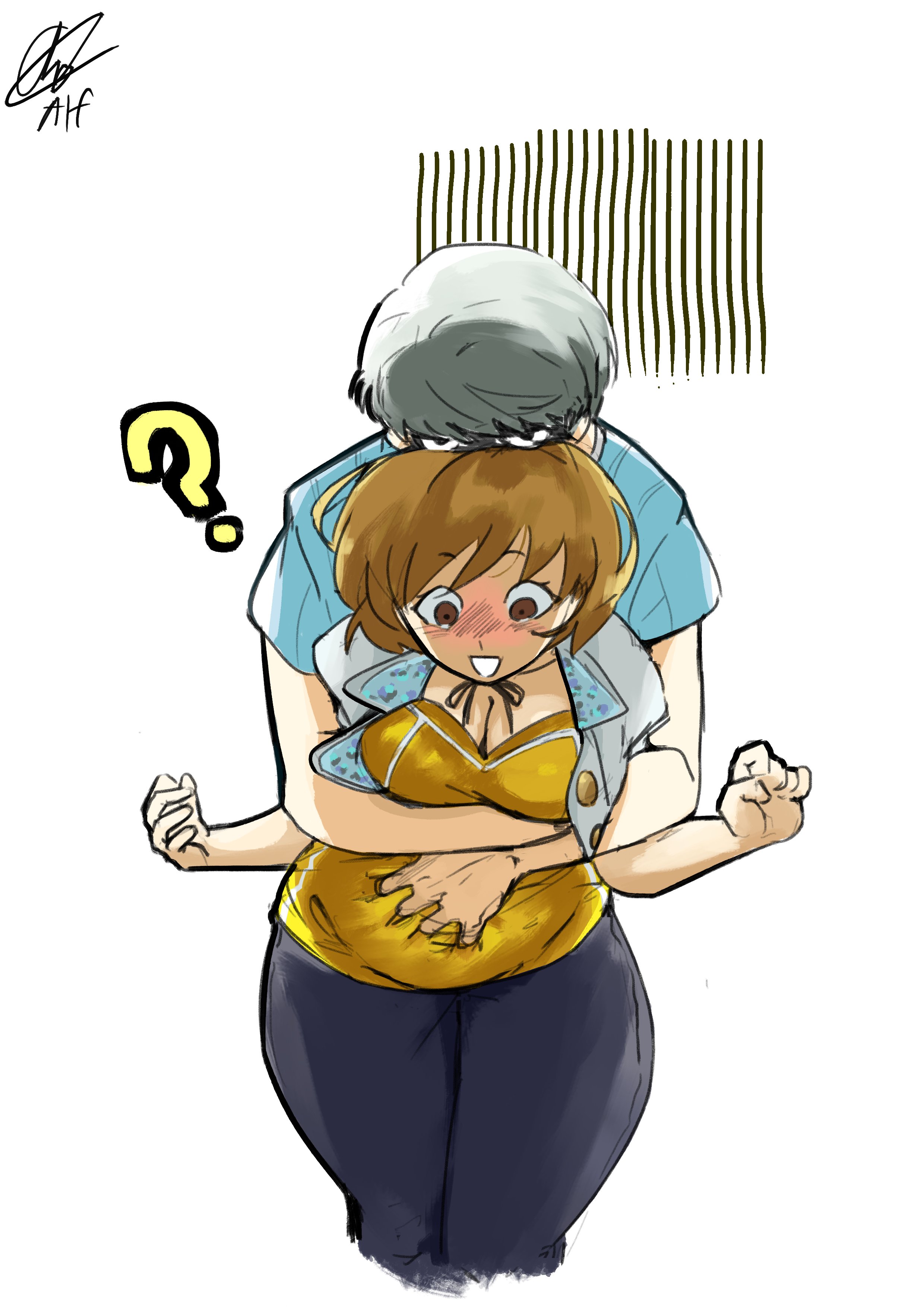 alfdavinchi, narukami yu, satonaka chie, persona, persona 4, absurdres, highres, 1boy, 1girl, belly grab, breasts, cleavage, hug, hug from behind, plump, signature, simple background, surprised, tearing up, white background
