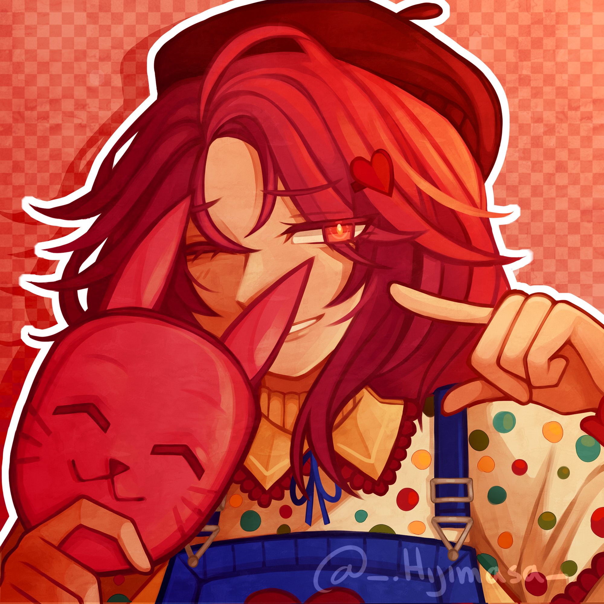 roblox, character request, commentary request, commission, highres, 1girl, artist name, brown hat, checkered background, hand up, hat, hijimasa, looking at viewer, mask, multicolored shirt, one eye closed, orange background, parted bangs, parted lips, pointing, pointing at self, rabbit mask, red eyes, red hair, shirt, smile, solo, spanish commentary, unworn mask, upper body, white shirt