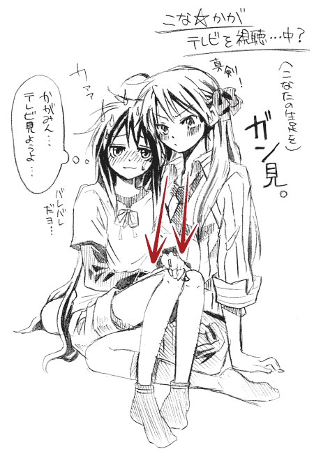 kochoko, hiiragi kagami, izumi konata, lucky star, translated, 00s, 2girls, arrow (symbol), monochrome, multiple girls, spot color, yuri
