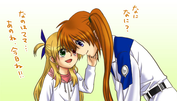 hachi (hachikai), takamachi nanoha, vivio, lyrical nanoha, mahou shoujo lyrical nanoha, mahou shoujo lyrical nanoha strikers, translated, 00s, 2girls, blonde hair, brown hair, heterochromia, military, military uniform, multiple girls, ponytail, purple eyes
