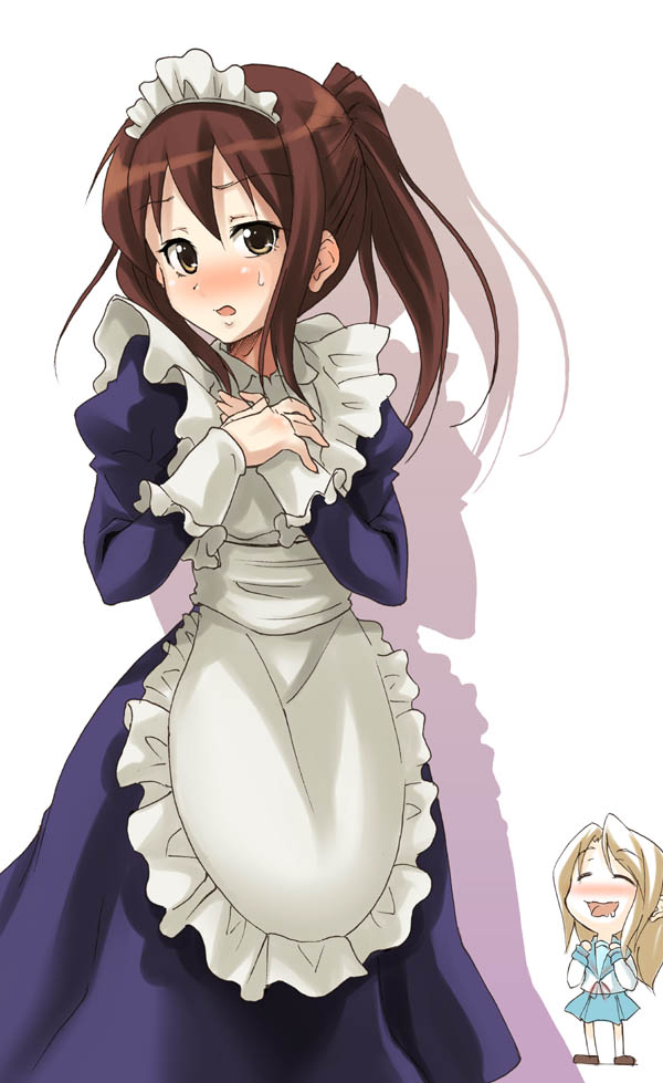 hiro kazuki, koizumi itsuki, koizumi itsuki (female), kyonko, suzumiya haruhi no yuuutsu, 00s, 2girls, apron, blush, brown eyes, brown hair, chibi, chibi inset, embarrassed, genderswap, genderswap (mtf), hand on own chest, long hair, maid, maid apron, maid headdress, multiple girls, ponytail, puffy sleeves, saliva, school uniform, serafuku, shadow, sweatdrop