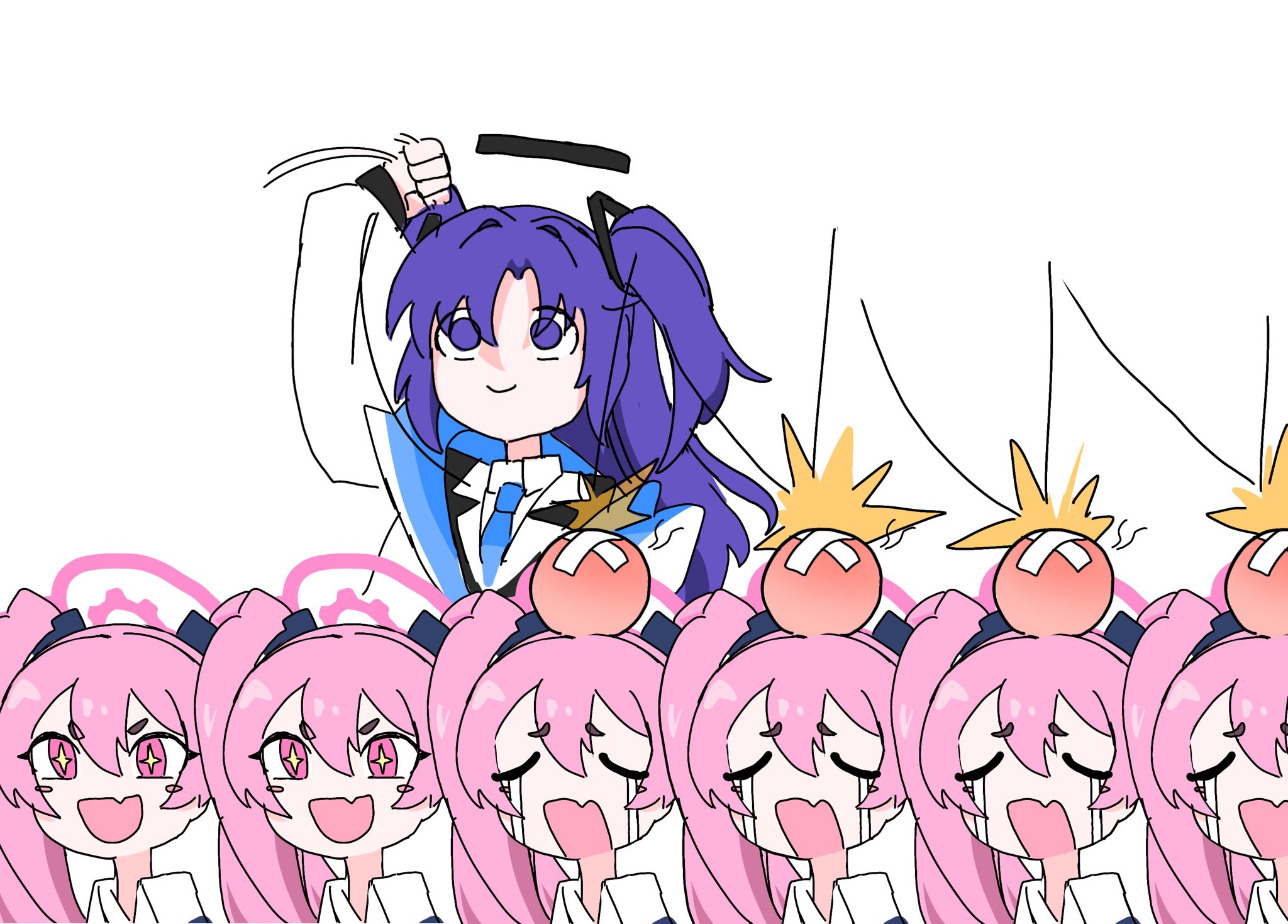 dr yamero, koyuki (blue archive), yuuka (blue archive), blue archive, highres, 2girls, blue archive 2025 hack, blue necktie, collared shirt, cross-shaped pupils, crying, halo, multiple girls, necktie, pink hair, pink halo, purple hair, shirt, symbol-shaped pupils, twintails, two side up, white shirt