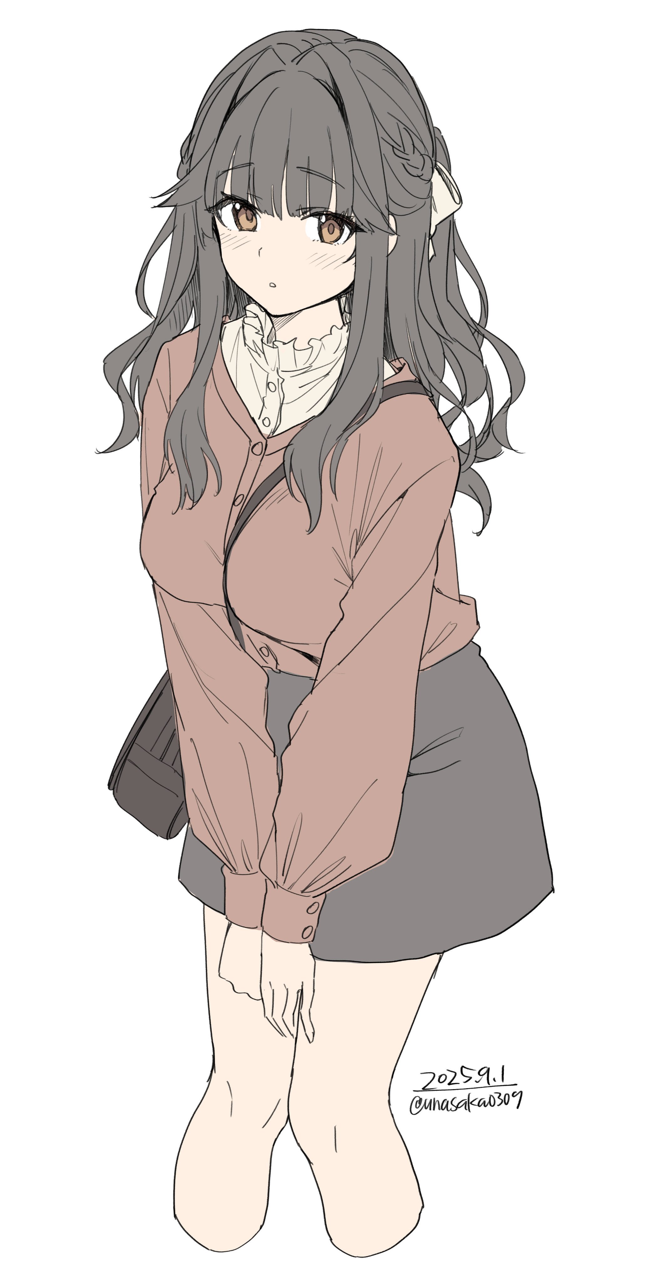 unasaka ryou, original, absurdres, highres, 1girl, bag, bow, braid, breasts, brown cardigan, brown eyes, cardigan, grey hair, grey skirt, hair bow, long hair, long sleeves, looking at viewer, medium breasts, shirt, shoulder bag, simple background, skirt, solo, white background, white bow, white shirt