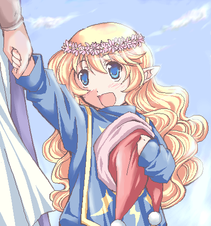 charlotte (seiken densetsu 3), seiken densetsu, seiken densetsu 3, square enix, lowres, 1girl, blonde hair, crown, flower, hat, head wreath, holding hands, oekaki, pointy ears, solo focus