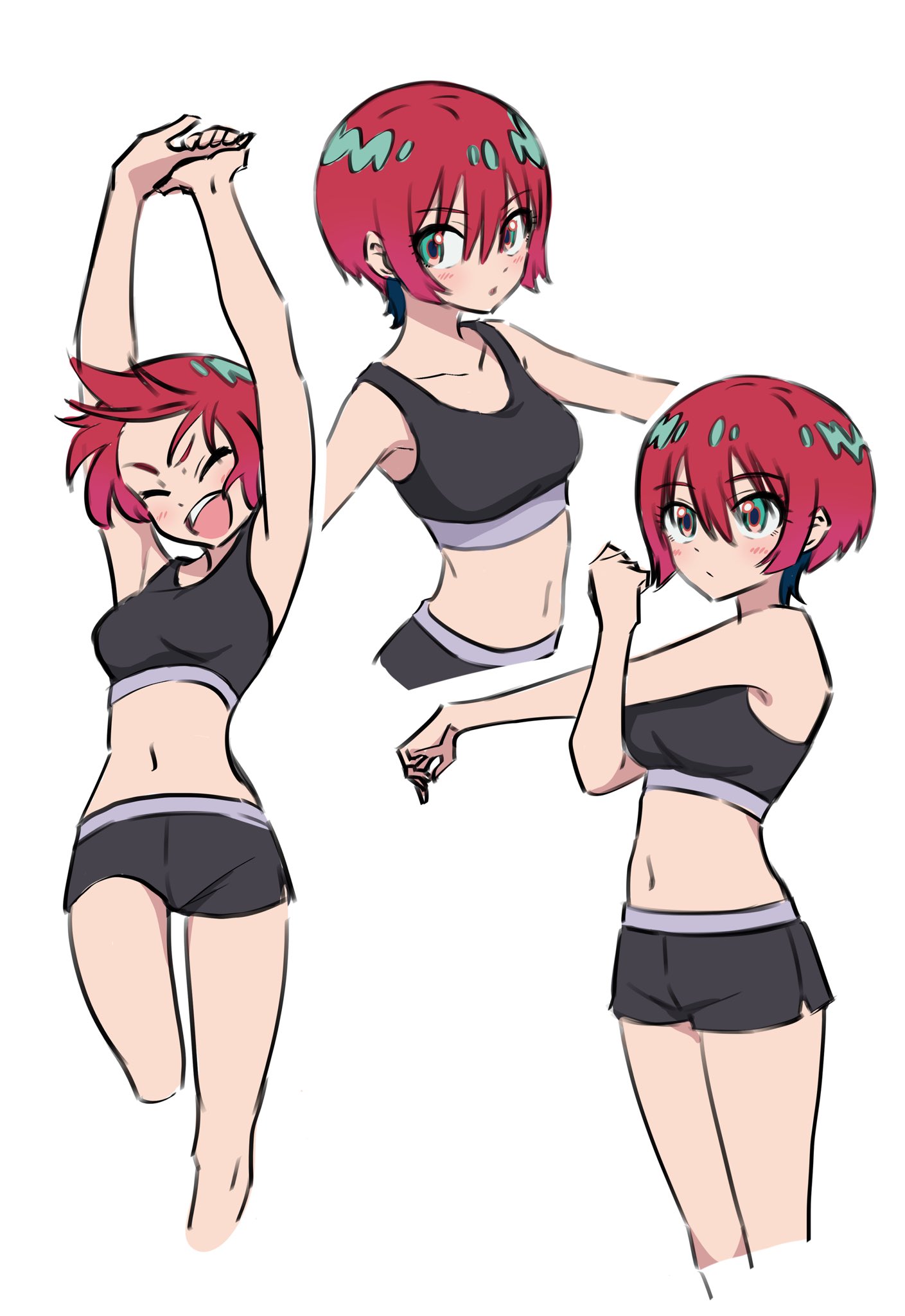 kousuke0912, amate yuzuriha, gundam, gundam gquuuuuux, highres, 1girl, aqua eyes, bike shorts, black sports bra, blush, breasts, closed mouth, clothes lift, crop top, looking at viewer, midriff, multicolored hair, open mouth, red hair, short hair, simple background, smile, sports bra, sports bra lift, sportswear, white background