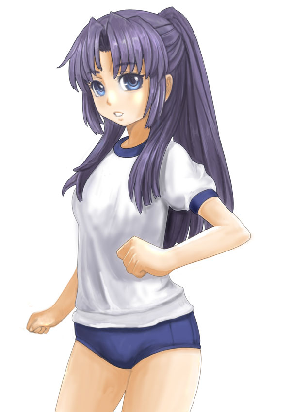 ikara, asakura ryoko, suzumiya haruhi no yuuutsu, 00s, 1girl, black hair, blue eyes, buruma, cowboy shot, female focus, gym uniform, long hair, looking at viewer, shirt, sidelocks, simple background, solo, sportswear, thighs, white background, white shirt