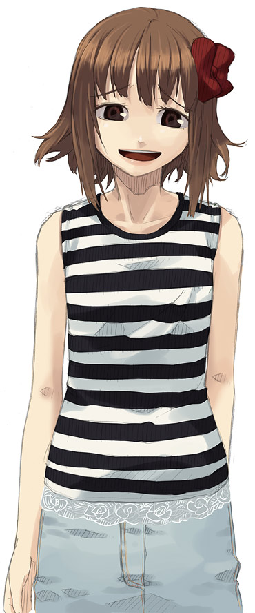 itsutsu, bow, brown eyes, brown hair, denim, hair bow, jeans, pants, shirt, short hair, sleeveless, solo, striped clothes, striped shirt
