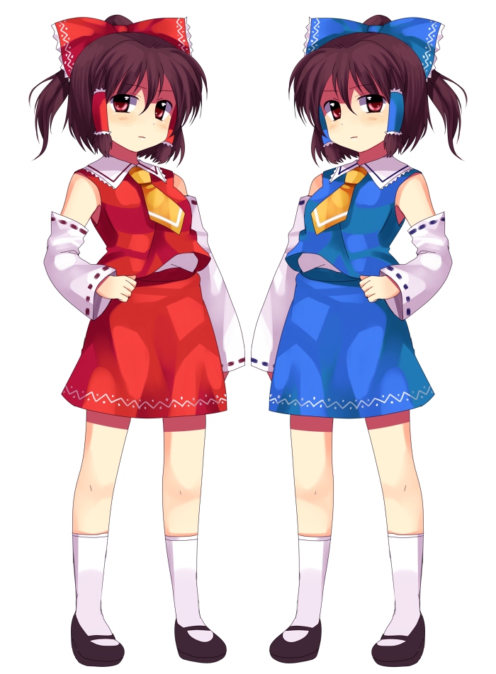 subaru (yachika), hakurei reimu, immaterial and missing power, touhou, white legwear, bad id, bad pixiv id, 2girls, altcolor, alternate color, alternate hairstyle, blouse, blue shirt, collared shirt, dual persona, female focus, high ponytail, mary janes, mirror opposites, multiple girls, palette swap, player 2, polar opposites, ponytail, red shirt, shirt, shoes, sleeveless, sleeveless shirt, socks, symmetry, white shirt