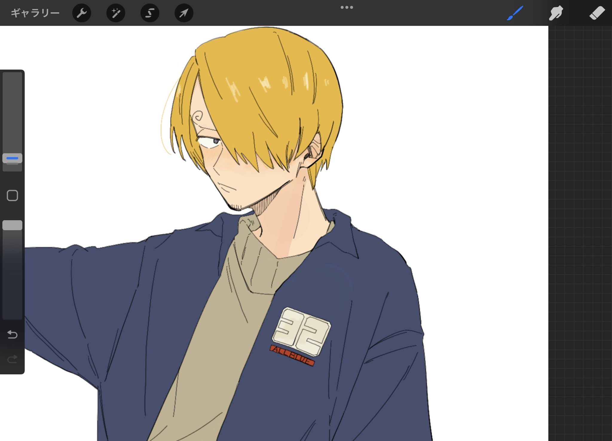 iqracha, sanji (one piece), one piece, highres, 1boy, art program in frame, blonde hair, closed mouth, facial hair, goatee stubble, hair over one eye, jacket, long sleeves, looking at viewer, male focus, outstretched arm, shirt, short hair, simple background, solo, stubble, upper body