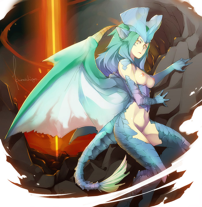 kyo (kuroichigo), lunastra, capcom, monster hunter (series), bad id, 1girl, animal ears, aqua hair, breasts, cave, dragon, dragon girl, female focus, gradient hair, green hair, large breasts, monster girl, multicolored hair, nipples, personification, scales, solo, tail, wings, yellow eyes