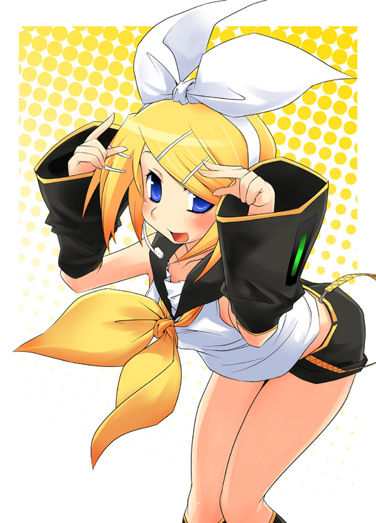 hermmy, kagamine rin, vocaloid, 1girl, bent over, blonde hair, crossover, detached sleeves, female focus, leaning forward, legs, parody, shorts, solo