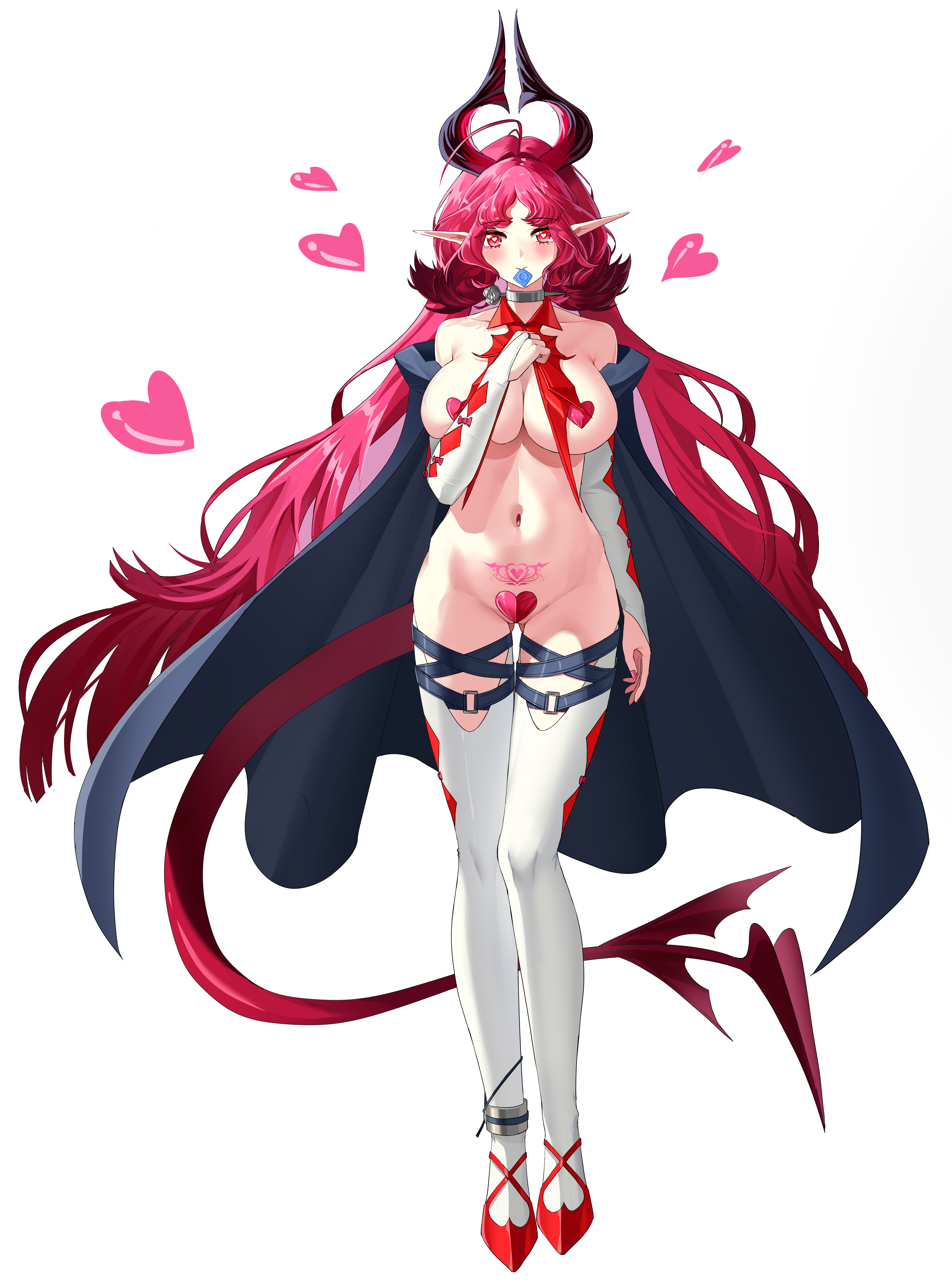 kitohosi, nymph (arknights), arknights, absurdres, chinese commentary, commentary, highres, 1girl, aged up, ahoge, alternate breast size (larger), anklet, belt, black cape, black horns, blush, bow, breasts, bridal gauntlets, cape, closed mouth, collar, collarbone, condom, condom wrapper, detached collar, fingernails, gluteal fold, hair intakes, heart, heart in eye, heart maebari, heart pasties, heart tattoo, holding, holding condom, horns, jewelry, large breasts, long hair, long pointy ears, looking at viewer, maebari, metal collar, mouth hold, nail polish, navel, parted bangs, pasties, pink bow, pink eyes, pink hair, pink horns, pink nails, pink tail, pointy ears, pubic tattoo, red collar, red shoes, shoes, simple background, smile, solo, standing, stomach, symbol in eye, tachi-e, tattoo, thigh belt, thigh strap, thighhighs, thighs, white background, white bridal gauntlets, white thighhighs, wing tattoo