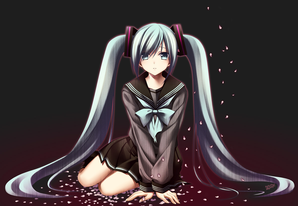 zinno, hatsune miku, vocaloid, 1girl, aqua eyes, aqua hair, female focus, hair ornament, long hair, school uniform, serafuku, solo, twintails